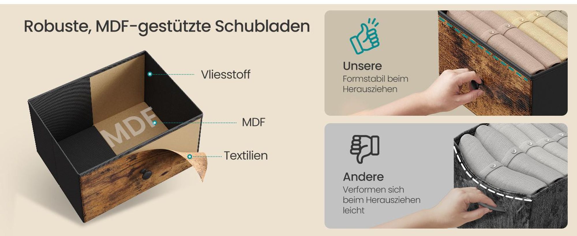 SONGMICS Konsolentisch, Beistelltisch mit 2 Stoffschubladen, schmaler Flurtisch, für Wohnzimmer, Metallrahmen, braun