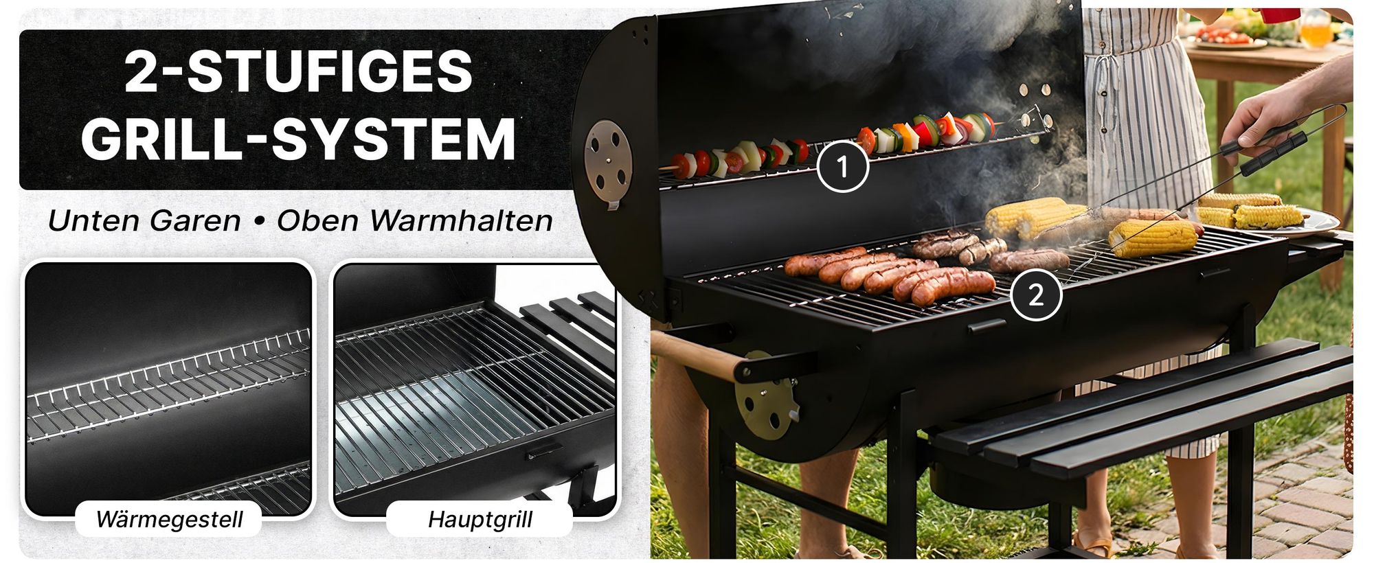 Grill & Chill Gartengrill, Holzkohlegrill - großer Chromrost 71×35 cm, Deckel, Aschekasten, Thermometer, Zwei Transporträder, GC0002