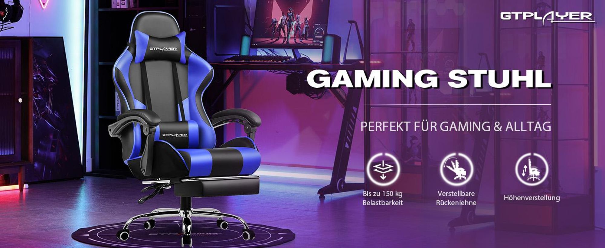 GTPLAYER Bürostuhl Gaming Stuhl Massage Gaming Sessel Ergonomischer Gamer Stuhl mit Fußstütze, Kopfstütze Massage-Lendenkissen, Gepolstert Gaming Chair, Drehsessel