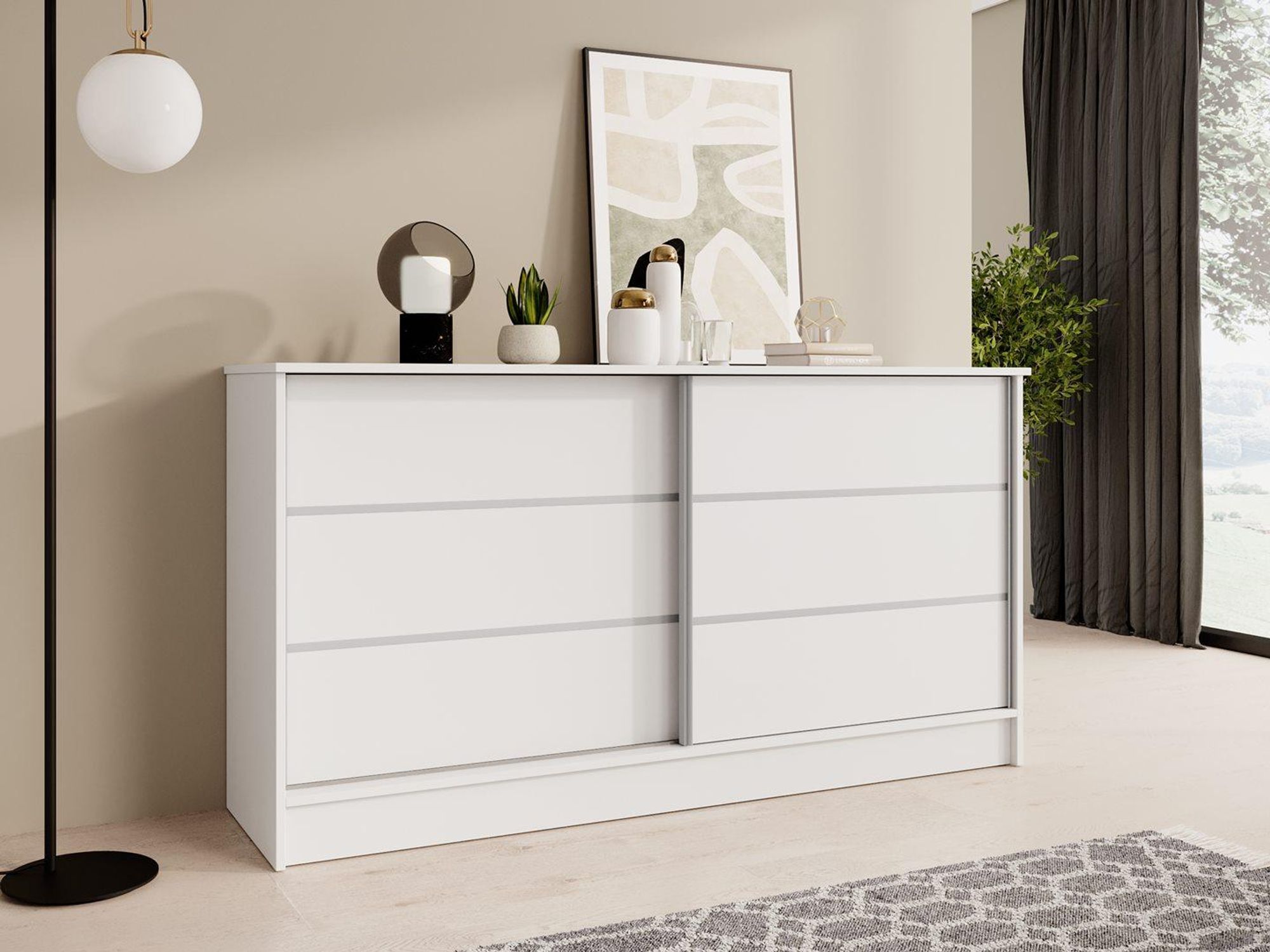 Commode BEAUTYSOFA MIRELA 160 cm Blanc/Blanc, buffet à 2 portes coulissantes, buffet haut avec moulures décoratives, buffet moderne, nombreux rangements