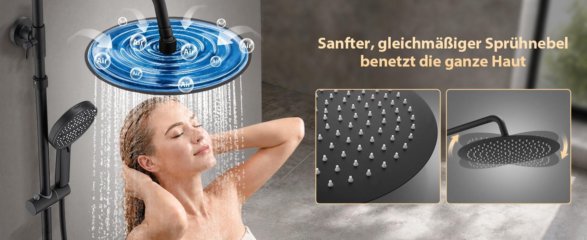 Homelody Duschsystem Thermostat Duschset Schwarz 12" Regendusche 6 Funktionen Handbrause SUS304 Edelstahl Kopfbrause, 38°C Verbrühschutz