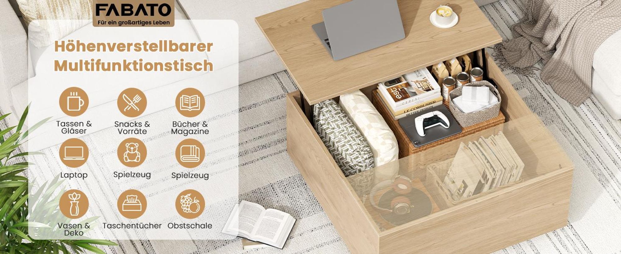 FABATO Couchtisch eckig, höhenverstellbar mit verstecktem Staufach, Landhaus-Design in Natur