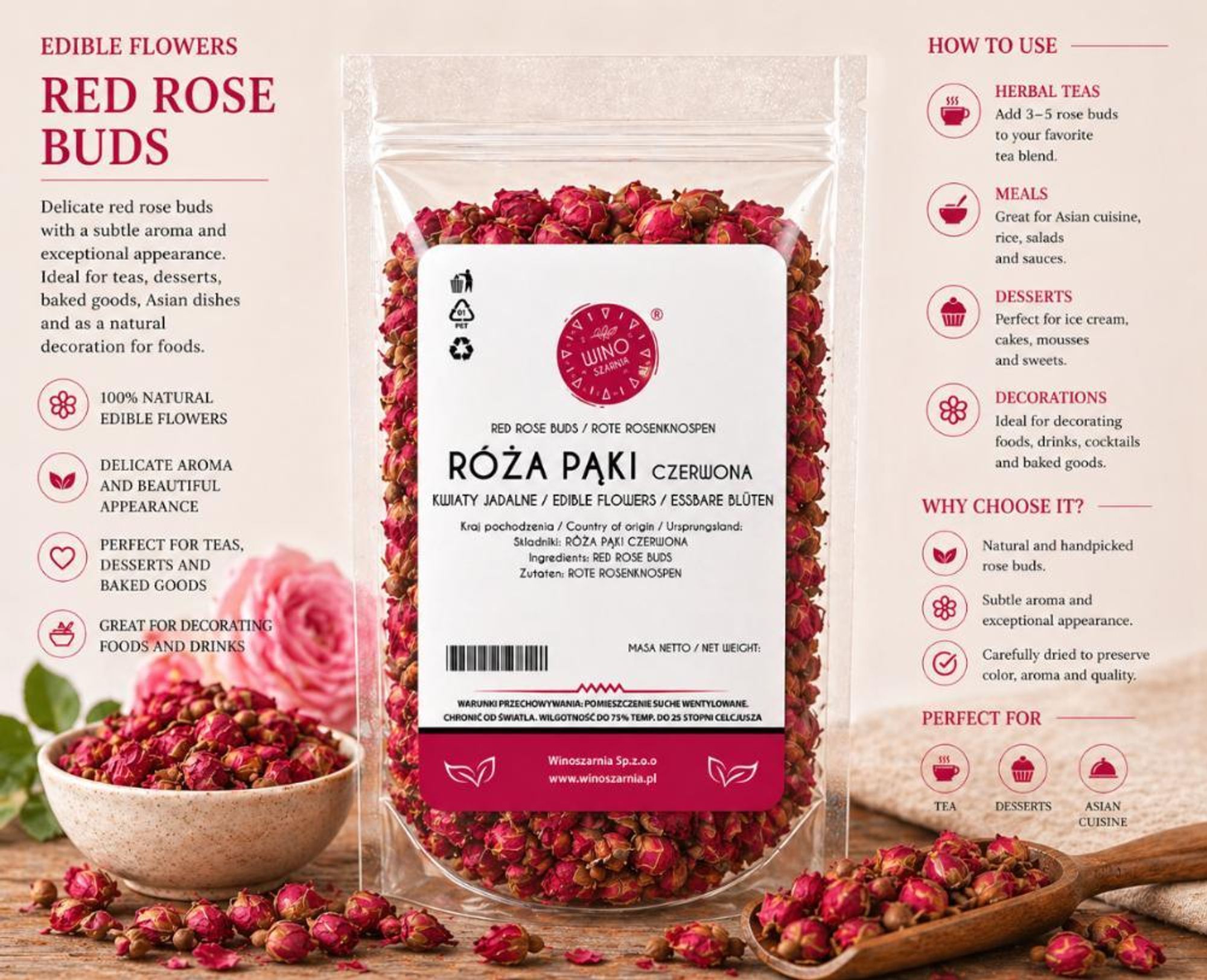 Boccioli di rosa essiccati, fiori rossi commestibili - 50 g