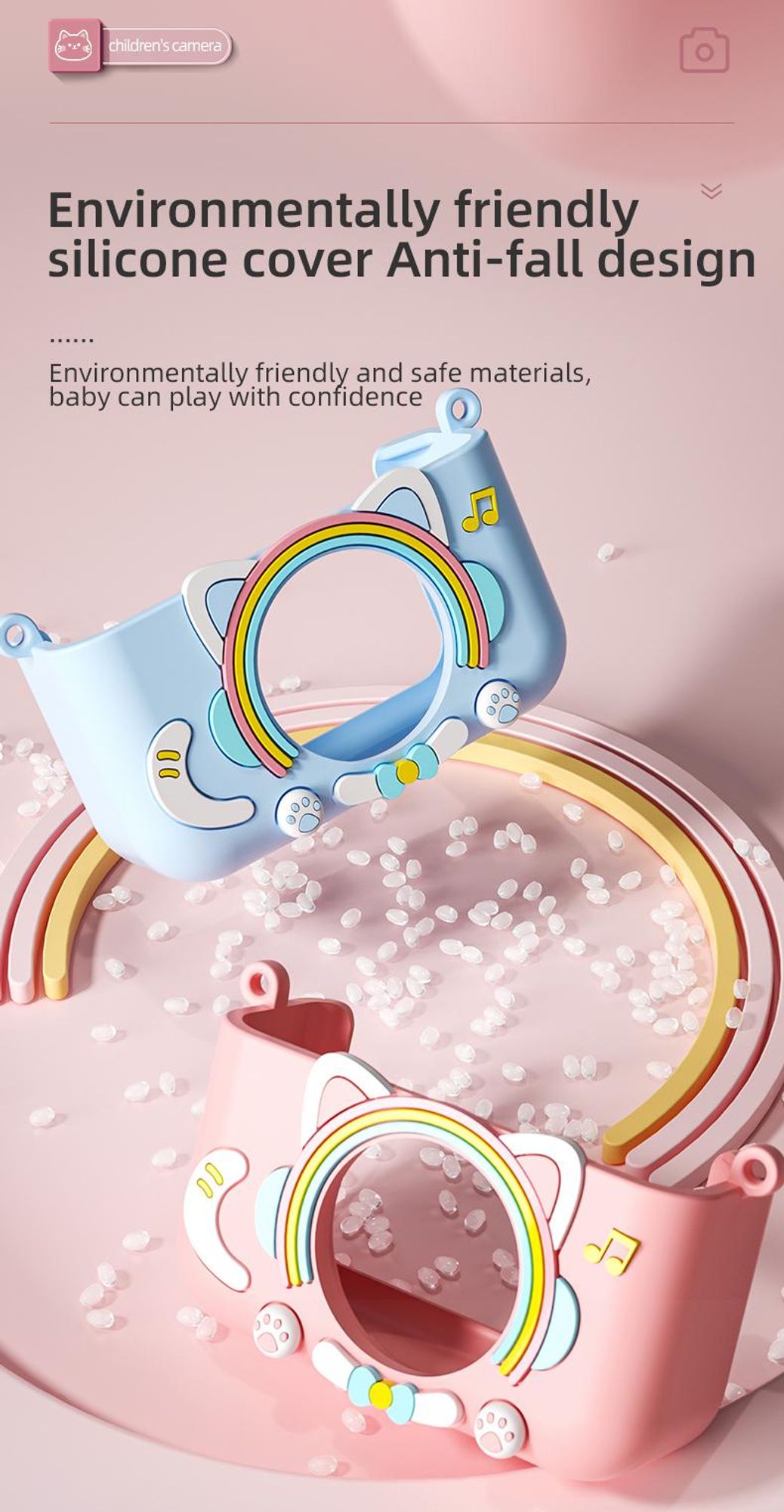 ZELURXX Kinderkamera, Cartoon-Katze Design, Dual-Kamera, IPS Augenschutz-Bildschirm, 1080P Video, Spiele Musik, Kreative Sticker, Gelb