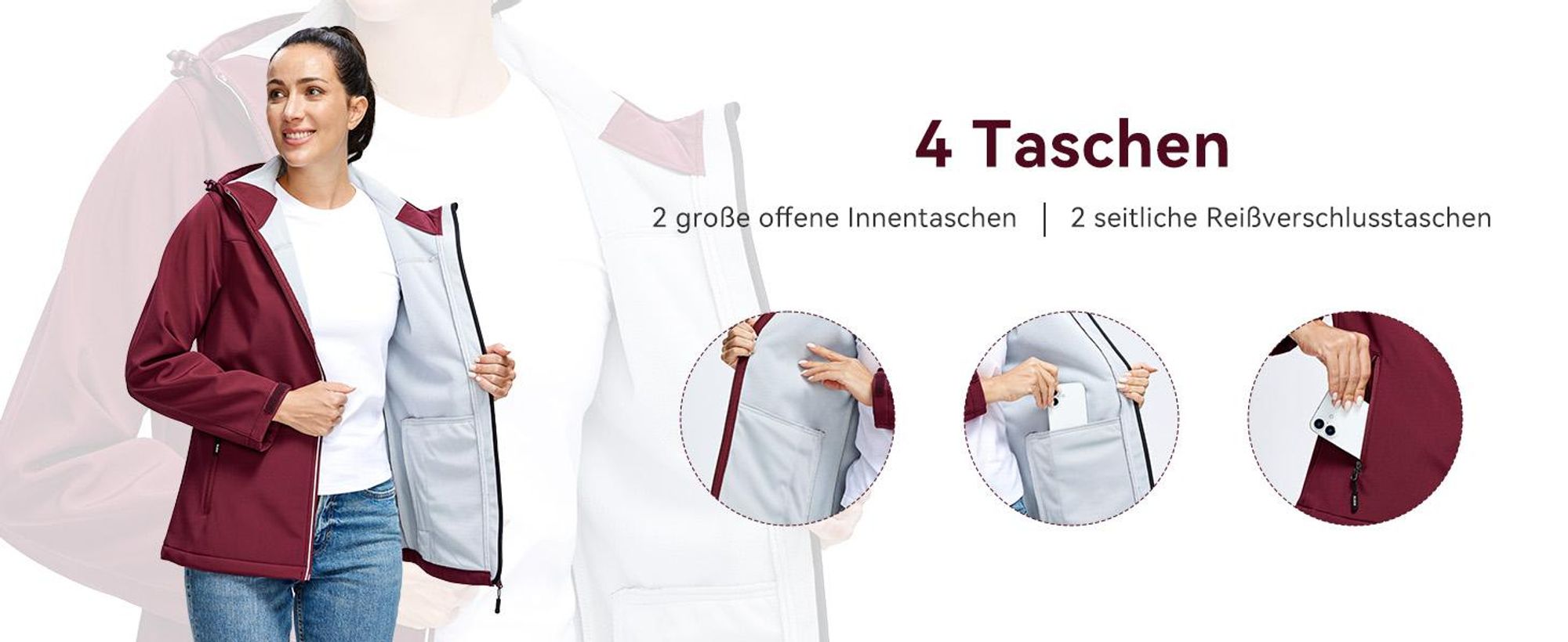BUBW Damen Softshelljacke wasser- und winddicht mit Kapuze Gefütterte Outdoor-Jacke mit Reflexstreifen Verstellbare Manschetten