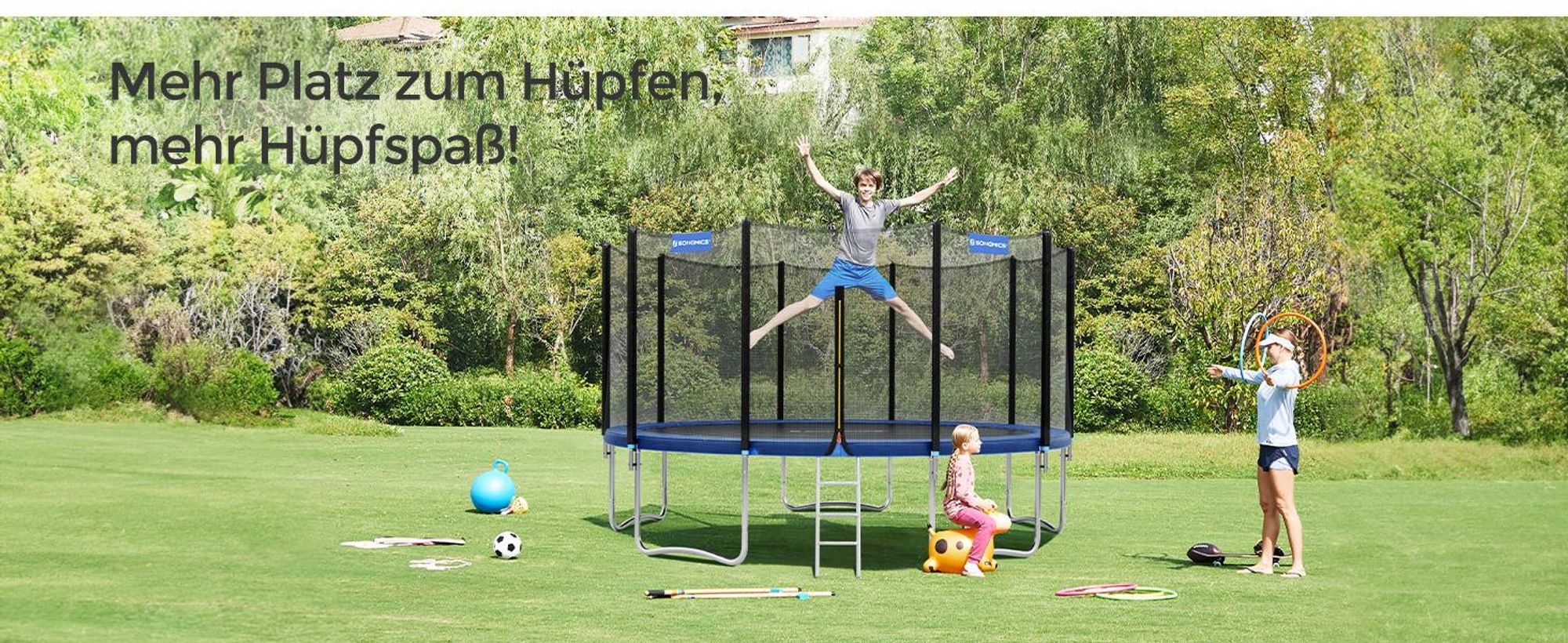 SONGMICS Ø 427cm Trampolin bis 150kg mit Leiter+Sicherheitsnetz +Abdeckung sicher Outdoor Gartentrampolin schwarz blau STR144