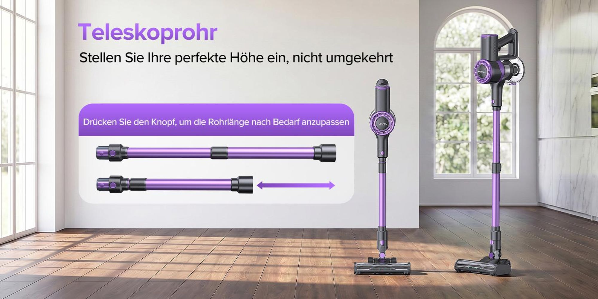 Lubluelu P2 75000 Pa Akku-Staubsauger Saugleistung, Anti-Haar-Verwicklungsbürste, Grüne Beleuchtung, Freistehend, Teppiche & Hartböden