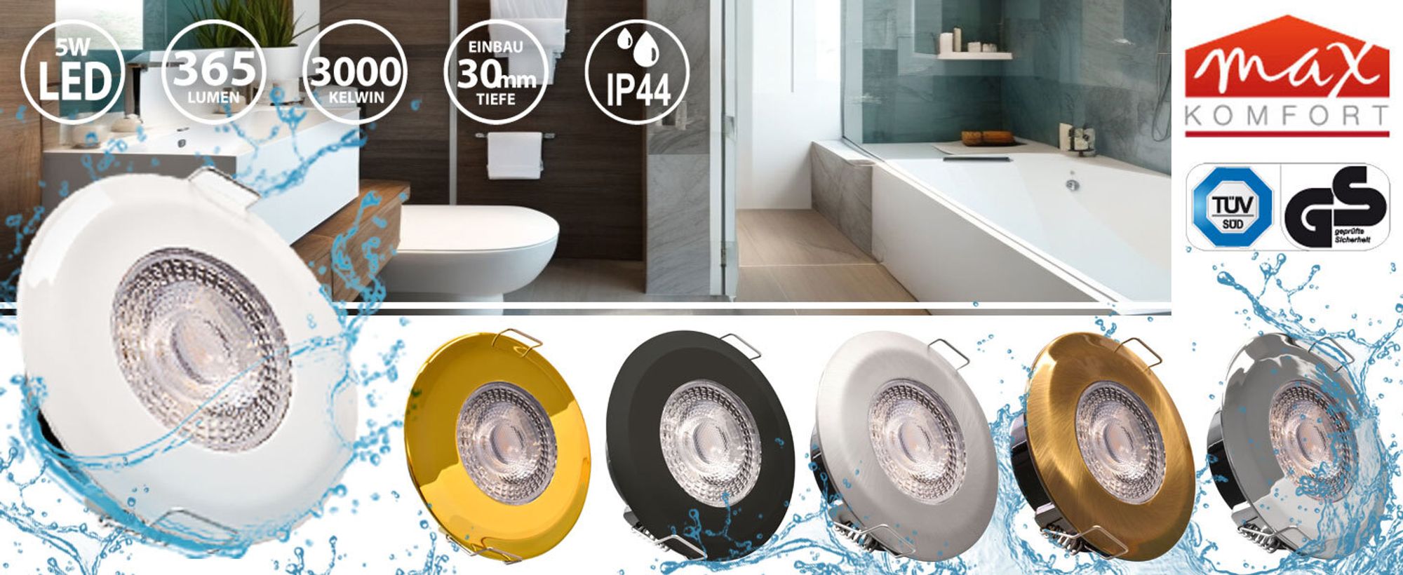 12x LED Bad Einbaustrahler Ultraflach 5 Watt Matt Schwarz 230V Rund warmweiß IP44 Deckenstrahler Spot Deckenspot Lumena SL82-NS