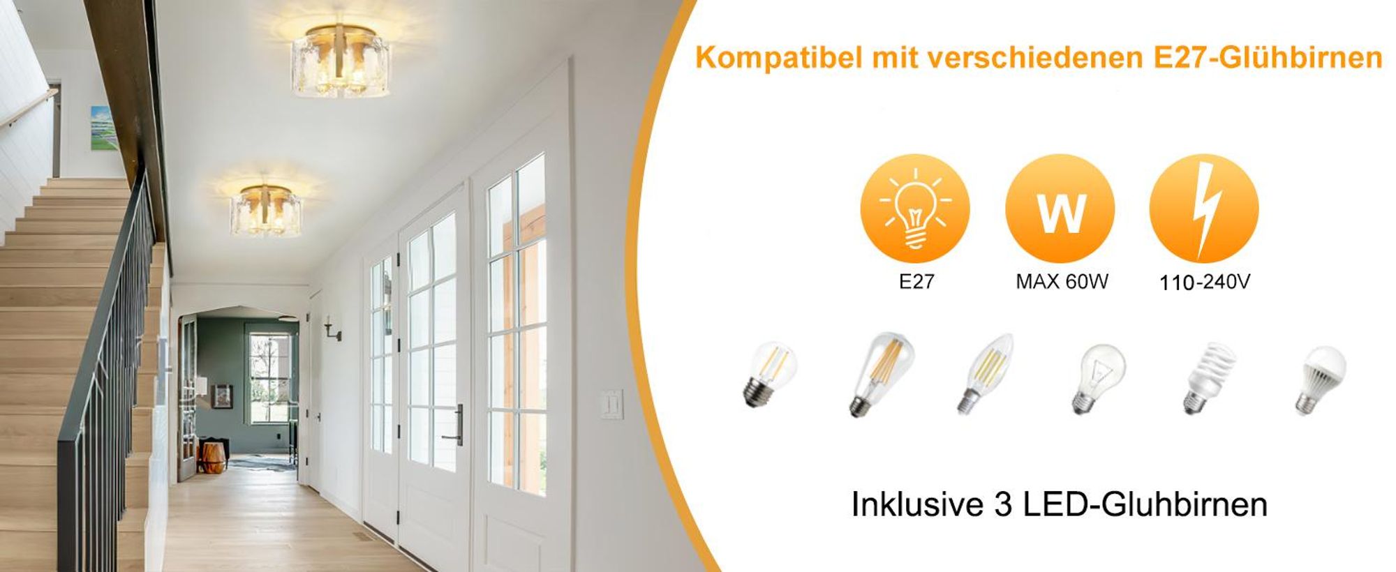 Deckenleuchte Moderne Golden Deckenlampe mit Glasschirm E27 3-Flammige Kronleuchter für Wohnzimmer, Flur, Esszimmer