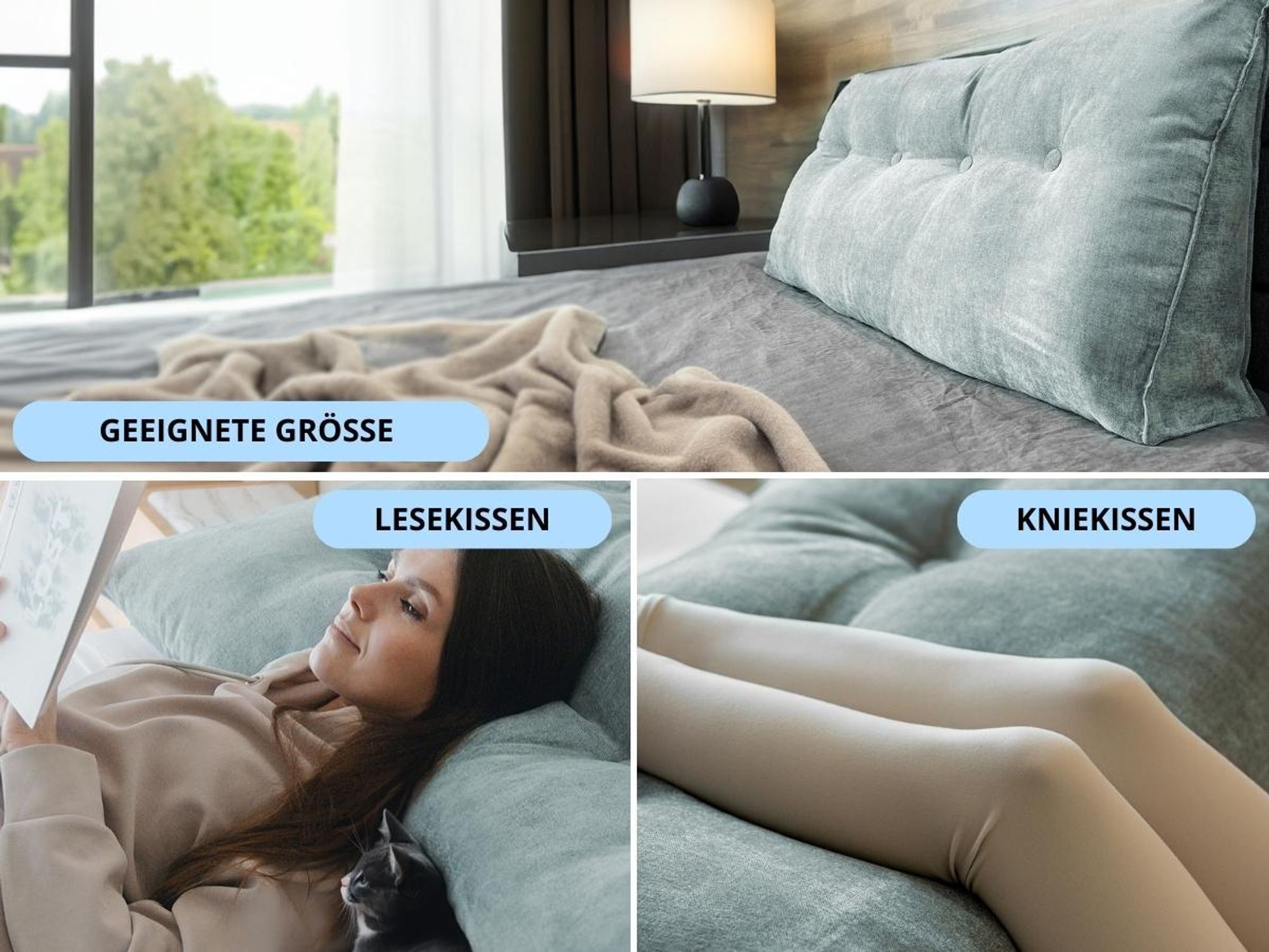 Collage mit verschiedenen Kissengrößen, Nutzung als Lesekissen und Kniekissen.