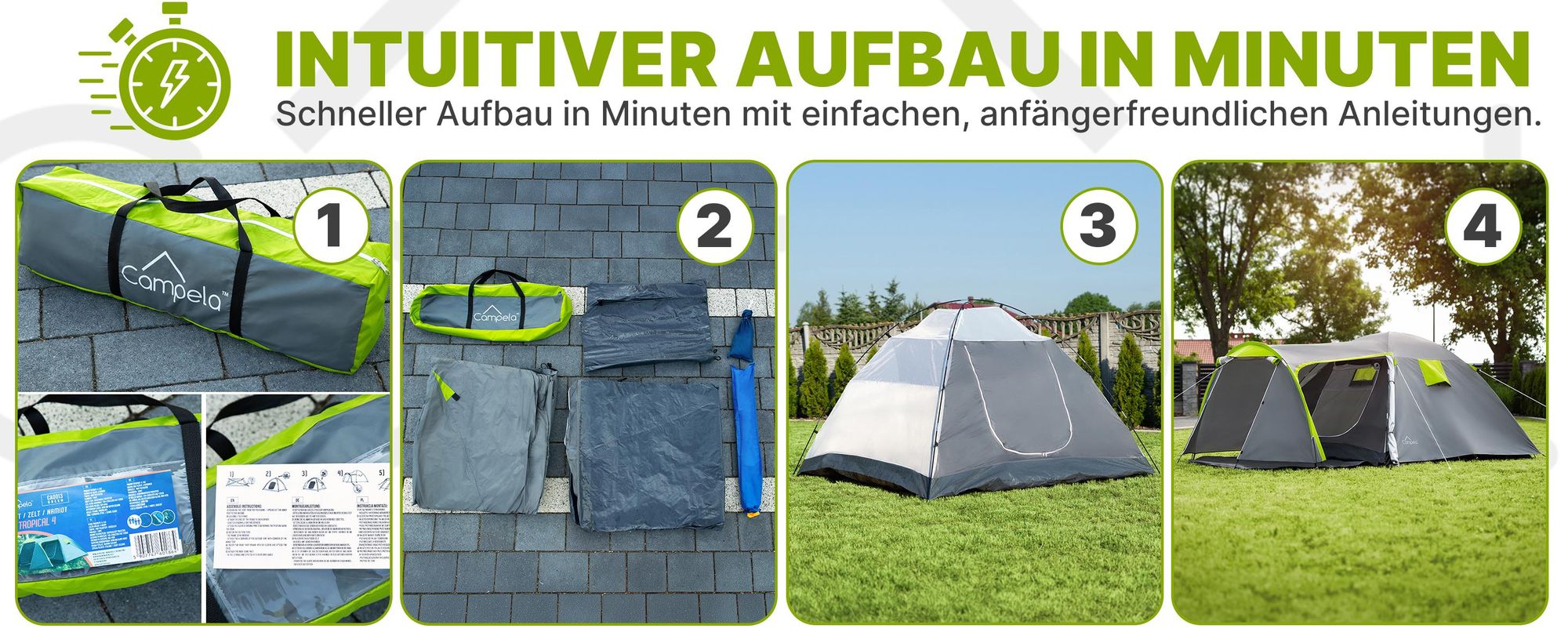Campela Tropical 4 Familienzelt – 4-Personen-Kuppelzelt mit Vorraum – wasserdicht 3000 mm – leicht & kompakt für Camping