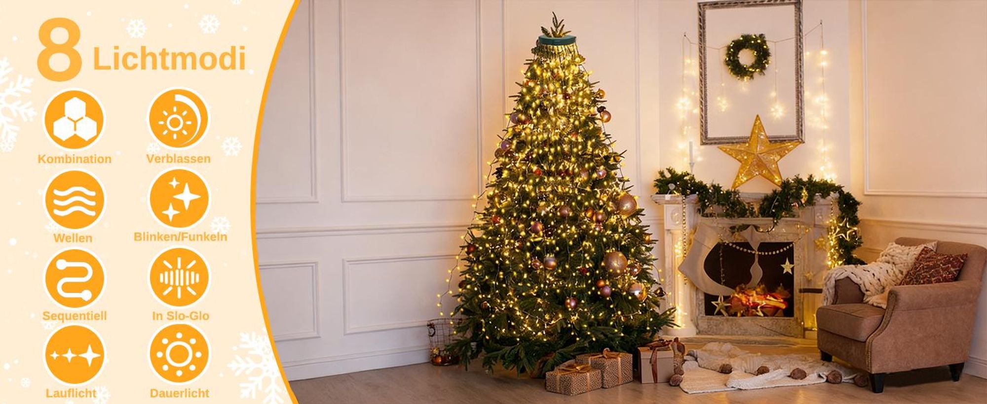 2M Weihnachtsbaum Lichterkette 400 LED 8 Lichtmodi Christbaum Lichternetz Wasserdicht Christbaumbeleuchtung