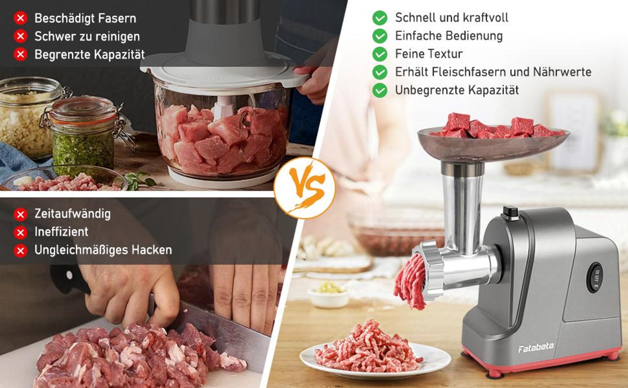 FATABETA Fleischwolf Elektrisch 2800W mit Schneidklingen,3 Edelstahl Loch-Scheiben,Wurstfüller,Kubbe-Kit,Aufsatz für Plätzchen ,Edelstahl
