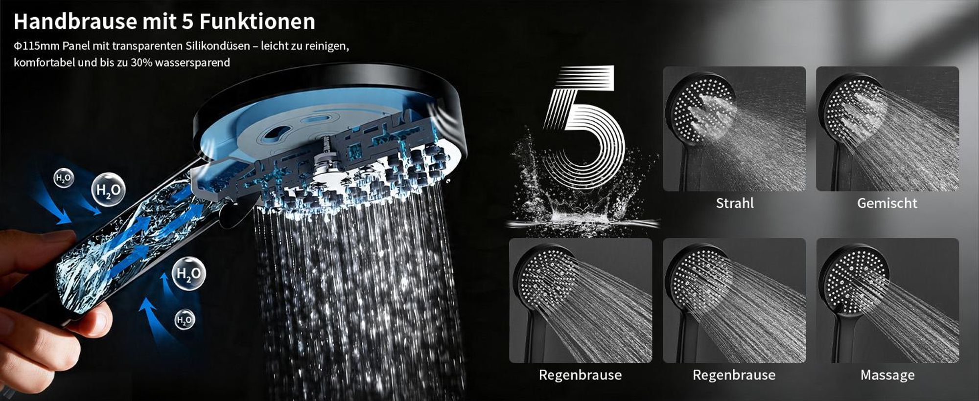 Homelody Duschsystem ohne Armatur, Duschset Duschsäule mit SUS 304 Edelstahl 30cm kopfbrause & Handbrause Rund, 3 Strahlarten, Schwarz