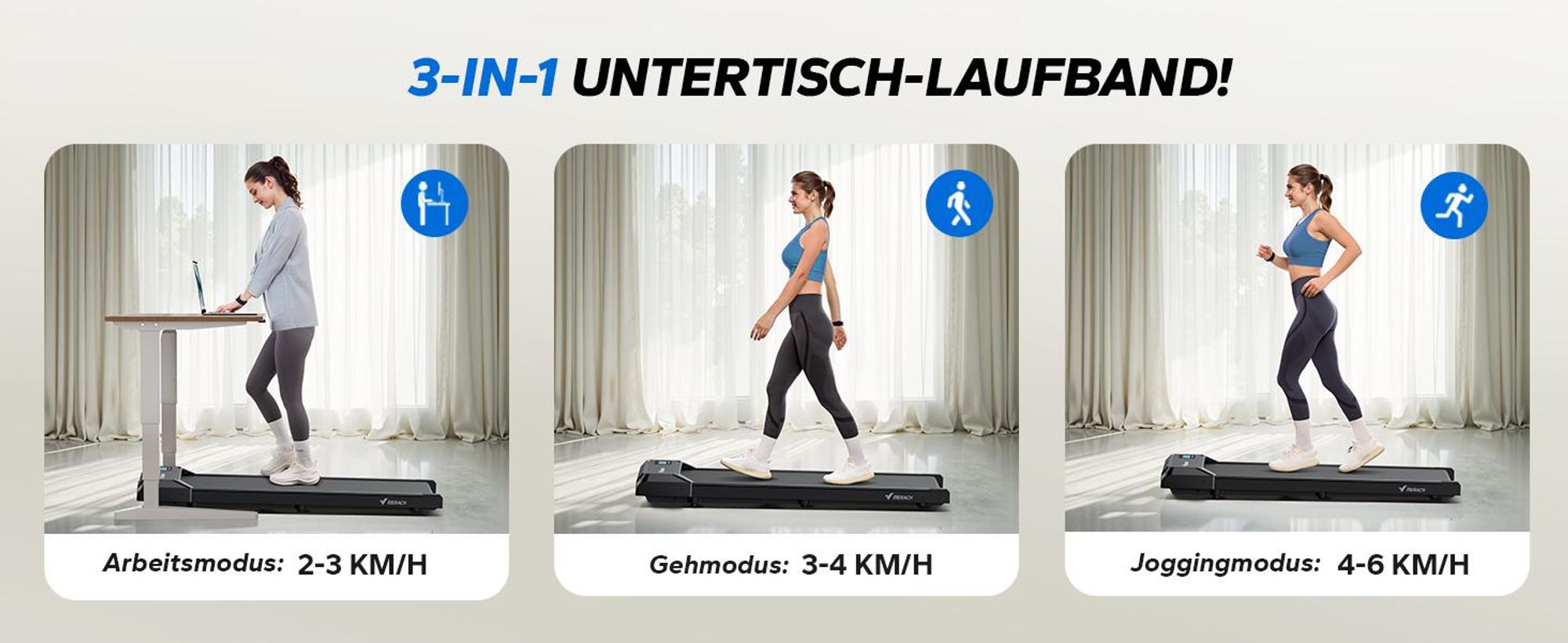 3-in-1 Laufband für Zuhause mit LED-Anzeige, App, Trainingskursen & Öko-Materialien, Leise <50 dB, 2,5 PS Motor, 2–6 km/h, für Homefitness, bis 120 kg