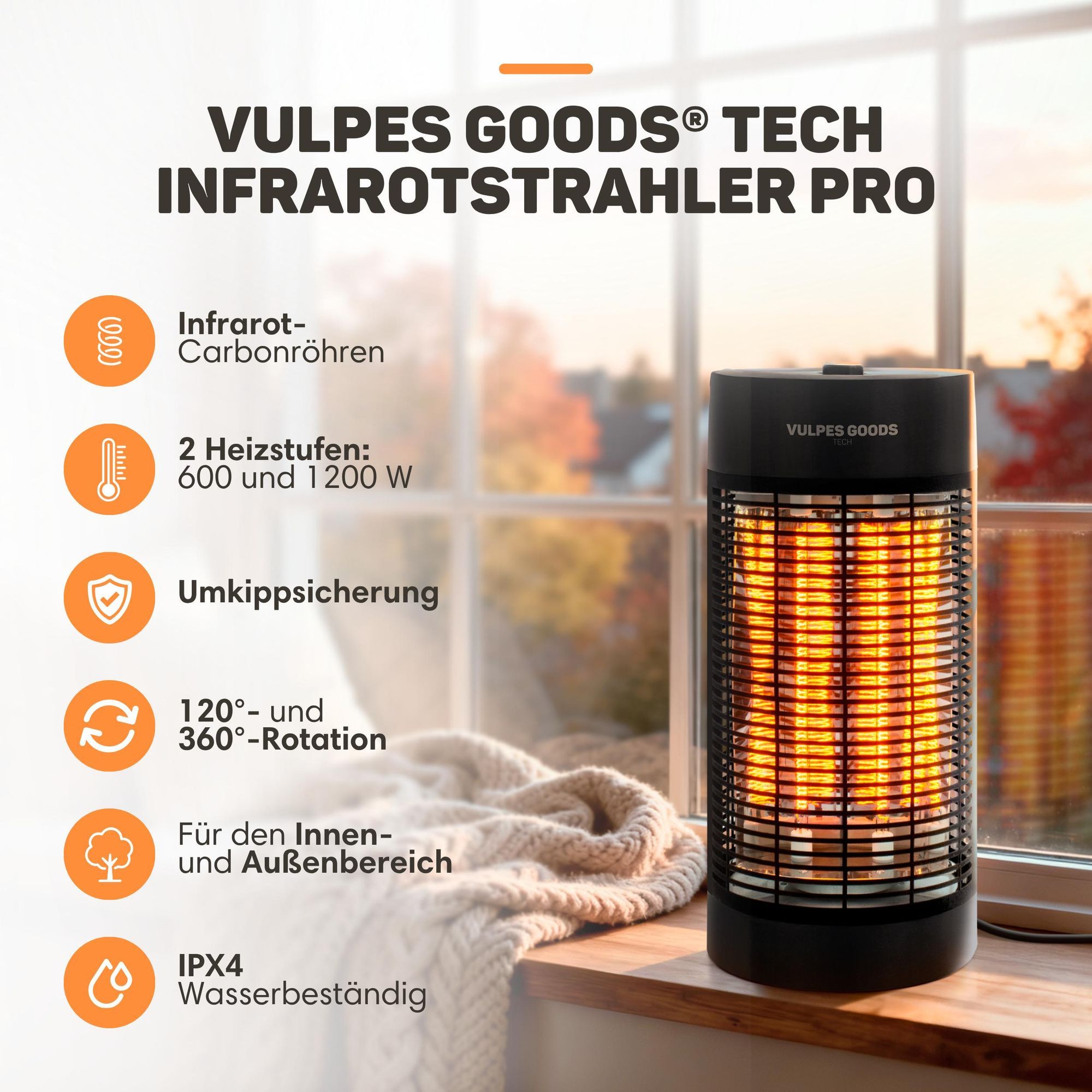 Infrarot Heizstrahler elektrisch mit 600 W & 1200 W Stufe, Innen / draußen geeignet- Terrassenheizer - elektrischer Infrarotstrahler, Infrarotheizung