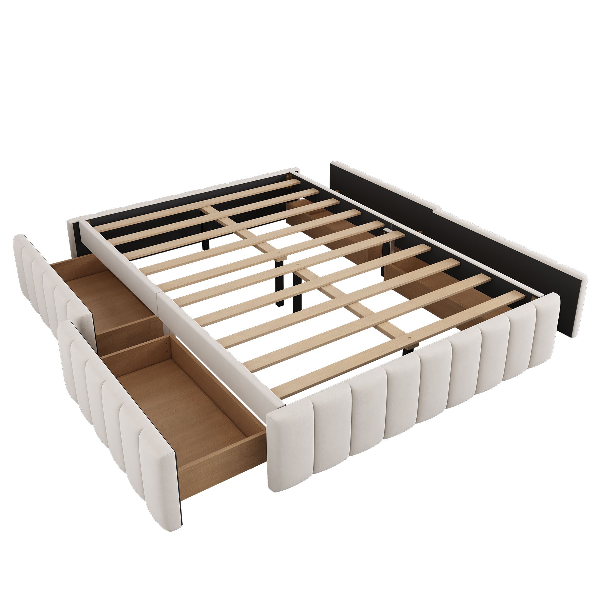 Flieks Polsterbett 140x200cm ohne Kopfteil, Stauraumbett Jugendbett mit 4 Schubladen, Doppelbett Holzbett Funktionsbett mit Lattenrost, Samt, Beige