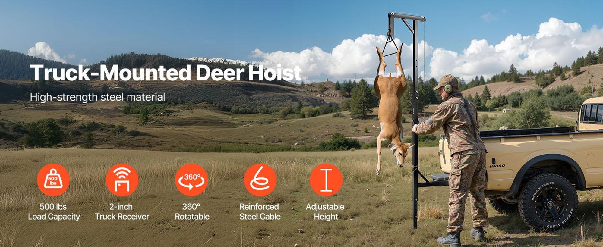 VEVOR Anhängerkupplung Spielwinde, 400 lbs Tragfähigkeit, Jagd-Hirschwinde mit 2-Zoll-Empfänger, 360-Grad-Schwenkwelle & verstellbarer Höhe, einschließlich Gambrel-Winde zum Häuten & Reinigen von Wild, 500 lbs