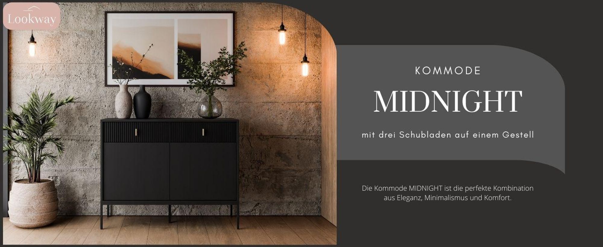 Kommode MIDNIGHT 2D2S mit zwei Schubladen auf Gestell Schwarz