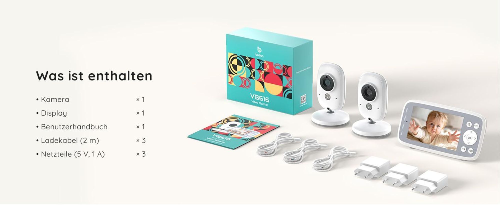 BOIFUN Babyphone HD 4 Zoll mit 2 Kameras ohne WLAN VOX Nachtsicht Babyfon 2-Wege-Gespräch Erweiterbar bis 4 Kameras mit Halterung