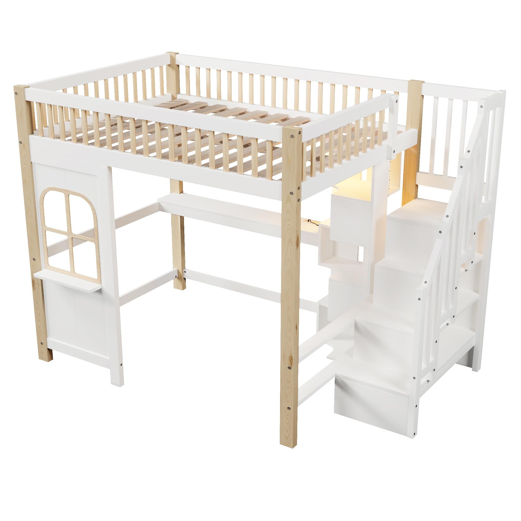 Flieks Etagenbett 140x200cm mit Schreibtisch und Ladefunktion, Kinderbett Hausbett mit Regal, Hochbett Doppelbett mit Led, Stockbett Naturbelassen