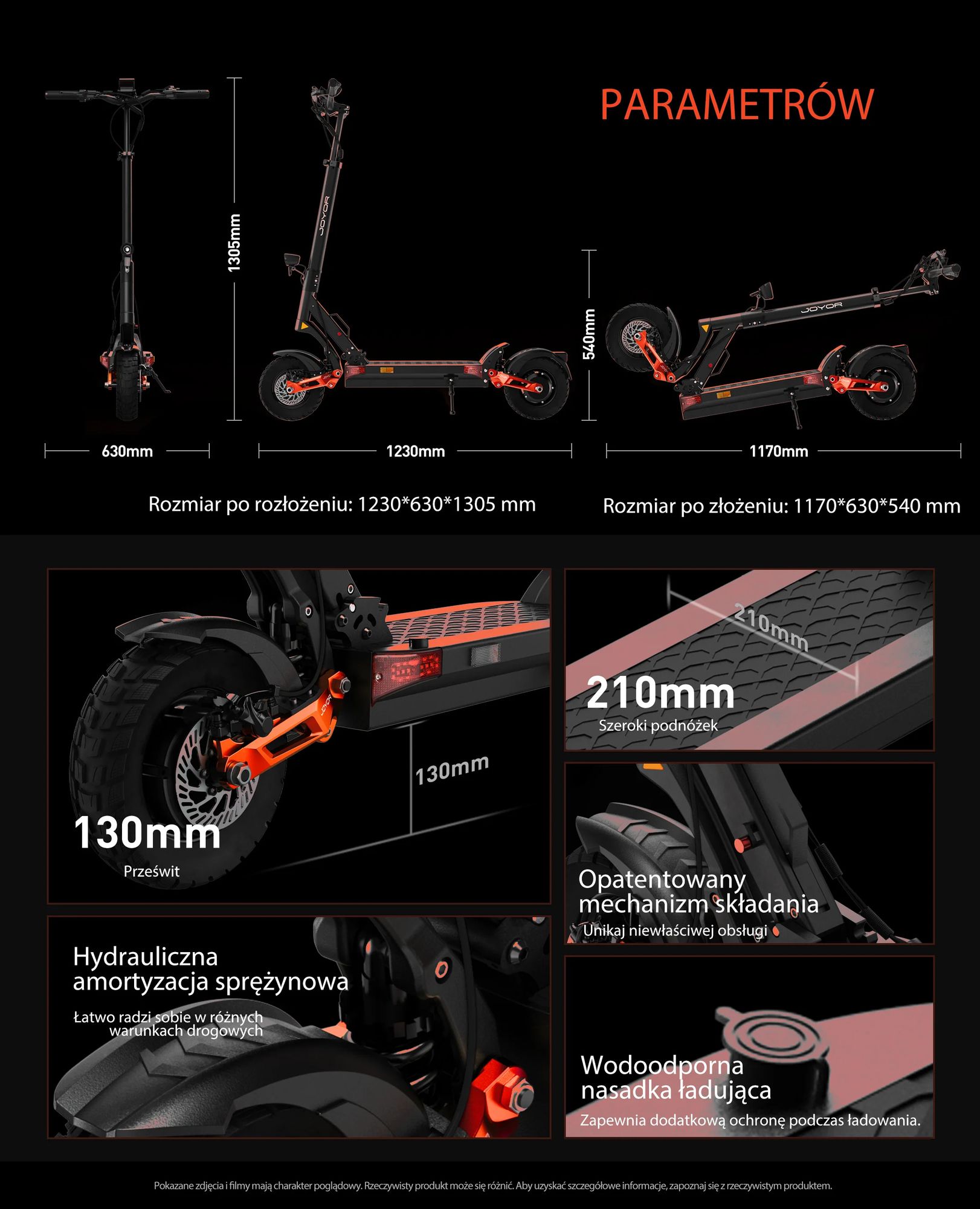 JOYOR T10 Składana Hulajnoga Elektryczna - Silnik 2x1000W Baterią 60V18AH 10-calowe Opony Hamulce tarczowe hydrauliczne - Czarny