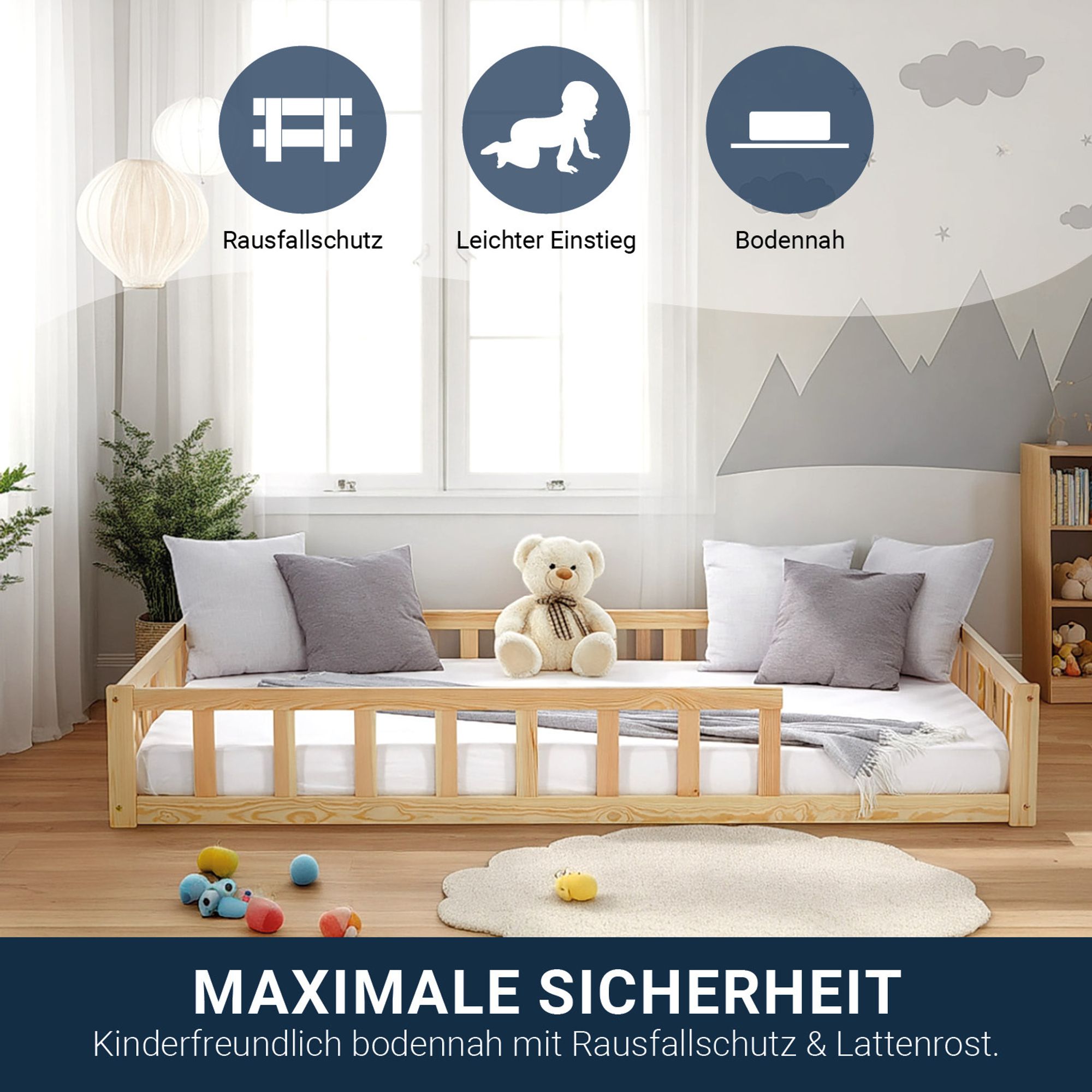 Bodenbett mit rundum Rausfallschutz für optimale Sicherheit