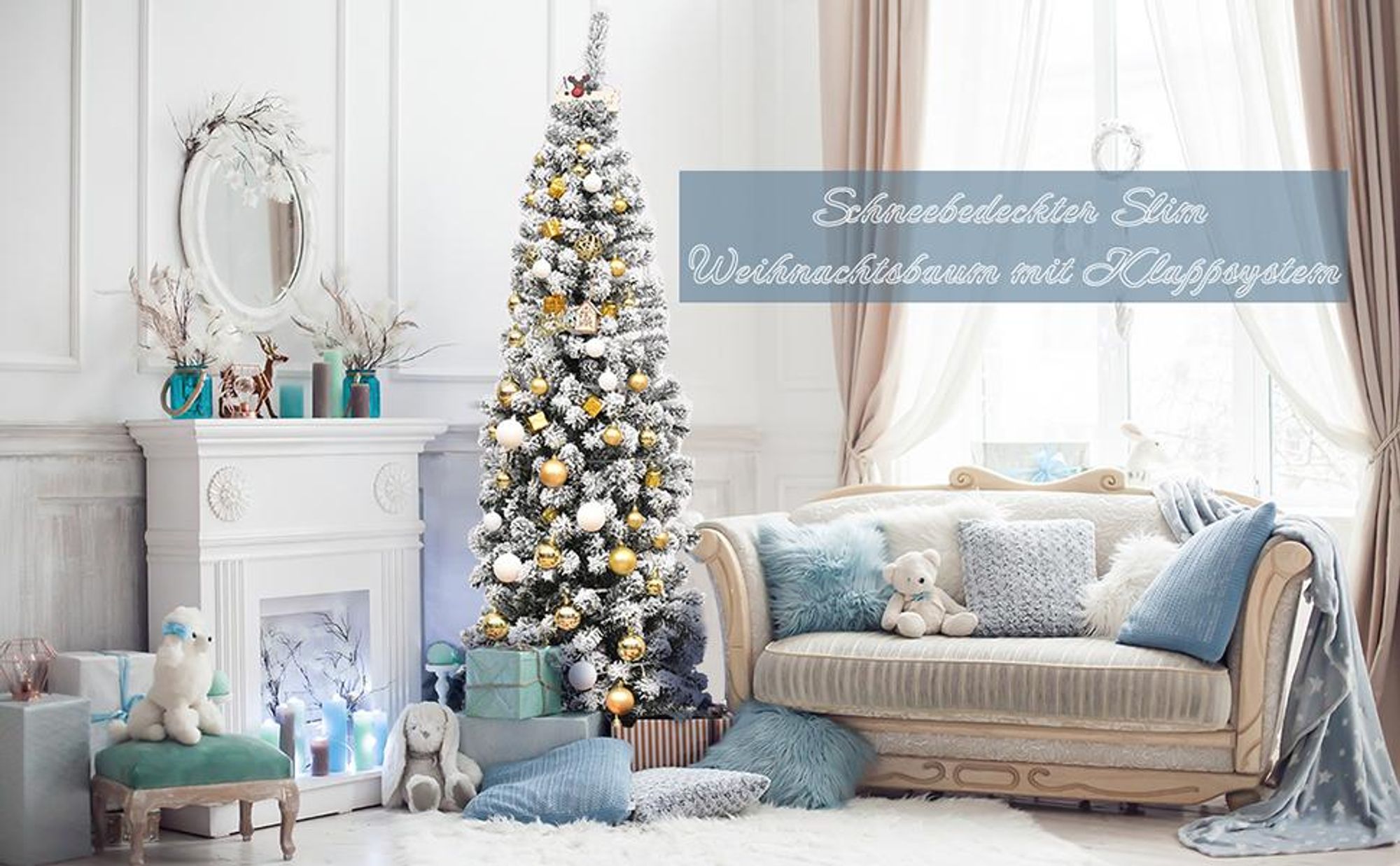 COSTWAY Bleistift Weihnachtsbaum 225cm, künstlicher Tannenbaum 641 PVC Nadeln mit Schnee, Christbaum mit Metallständer, Kunstbaum Weihnachten