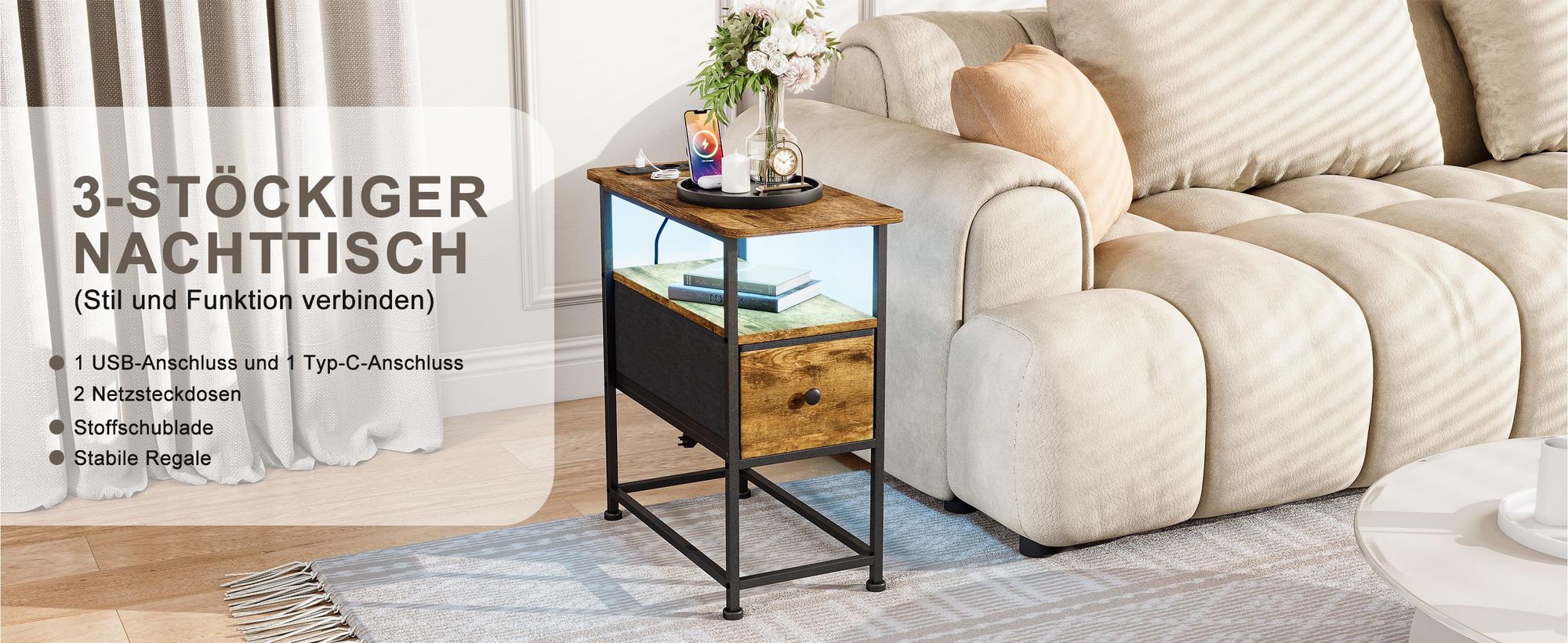 Fortuna Lai Nachttisch mit LED, Beistelltisch mit Steckdose & Stoffschublade, 3-stufiger Sofatisch mit offenem Regal, perfekt für Schlafzimmer Wohnzimmer kleine Räume, Tigerholzfarben, 60 x 30 x 62 cm