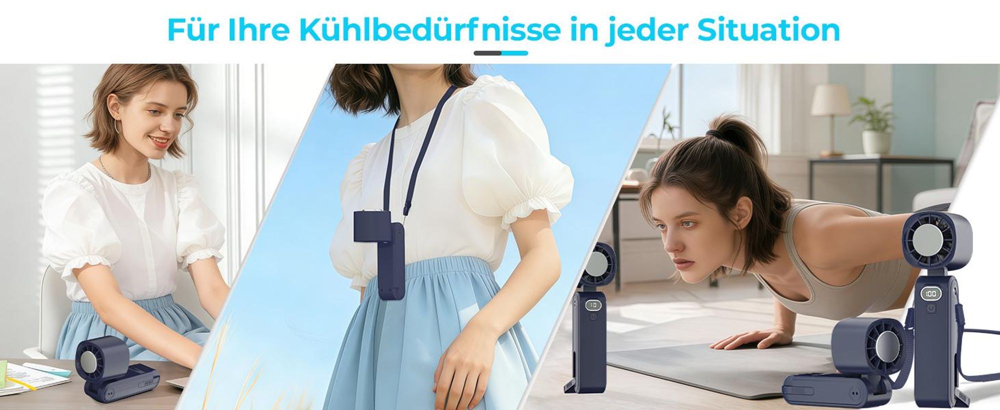 Kühlung Mini Hand Ventilator 5000mAh Akku Aufladbar Lüfter Handheld neck Fan USB, Dunkelblau
