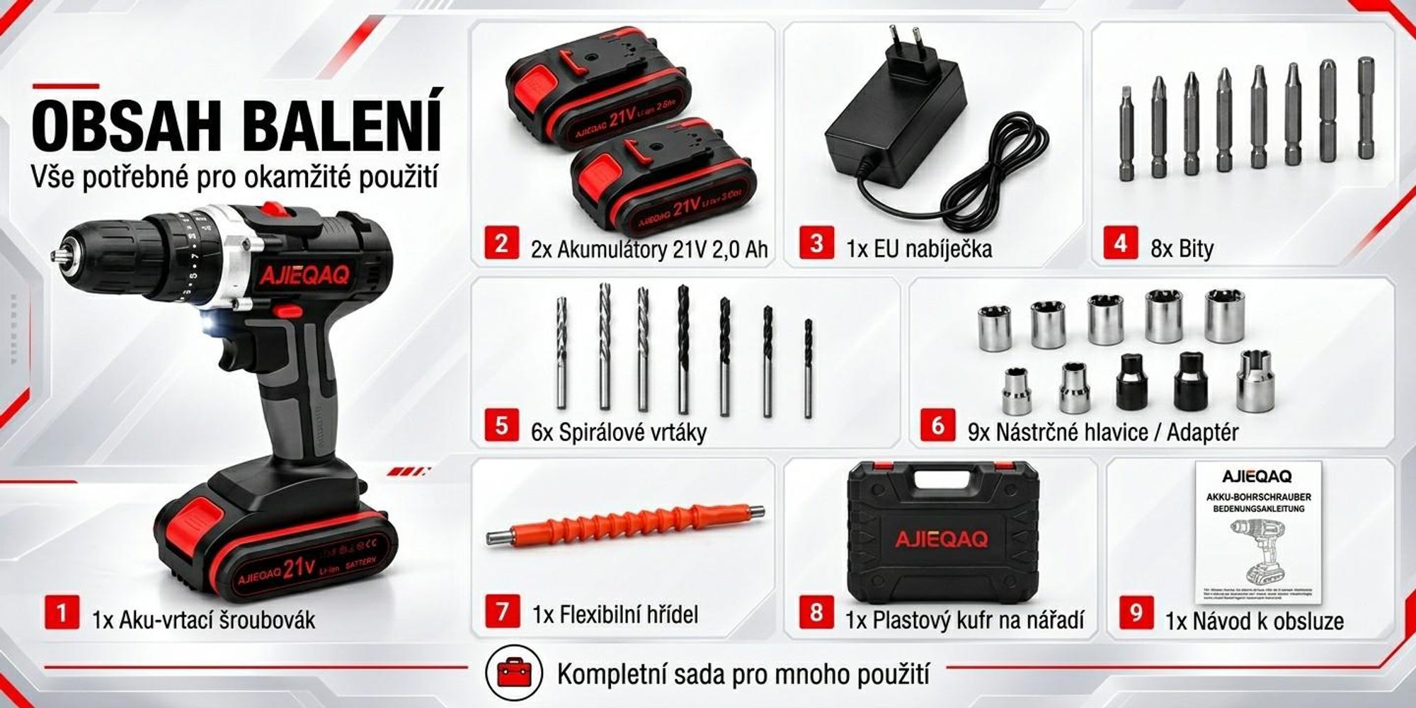 AJIEQAQ Aku šroubovák 21V Set, 3v1 aku příklepová vrtačka se 2×2,0Ah bateriemi, 45Nm, LED světlem, příslušenstvím a kufrem