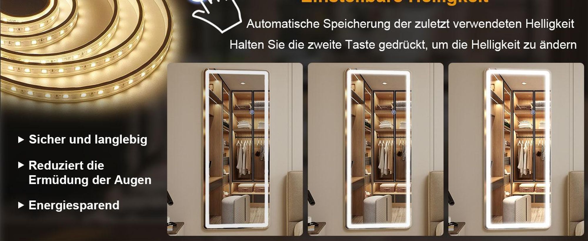 Koonmi LED Ganzkörperspiegel 180 x 66 cm stabiler Rahmen mit Touch, LED Spiegel mit Touchsteuerung, 3 Lichtfarben und beschlaghemmender
