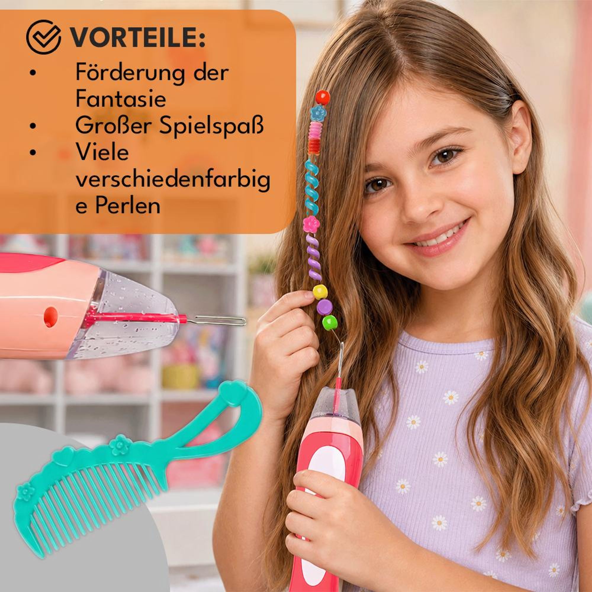 KRUMAD Haarschmuck Mädchen Set mit Haarflechtmaschine, DIY Haarperlen, Flechthilfe, Kreatives Geschenk für Mädchen 5-10 Jahre