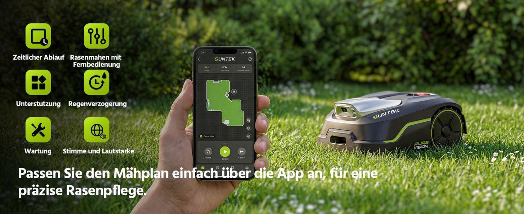 SUNTEK SRM2050 Mähroboter ohne Begrenzungskabel, KI Pure Vision Rasenmäher Roboter für 500 m² mit automatischer Kartierung,APP-Steuerung mit Garage