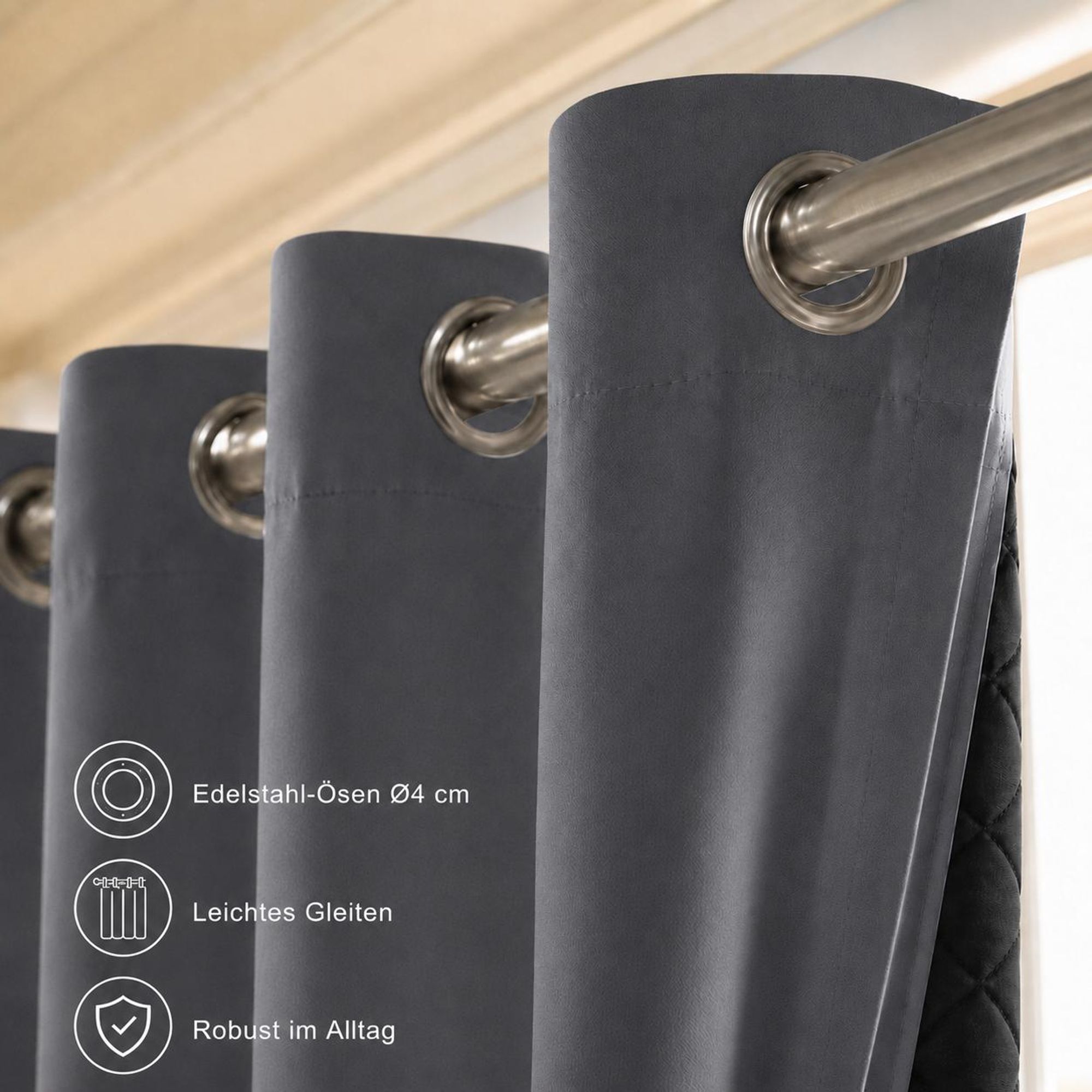 1x 100% Verdunkelung Thermo Vorhänge Grau Blickdicht Verdunkelungsvorhang mit Ösen Einfarbige, 132*160cm