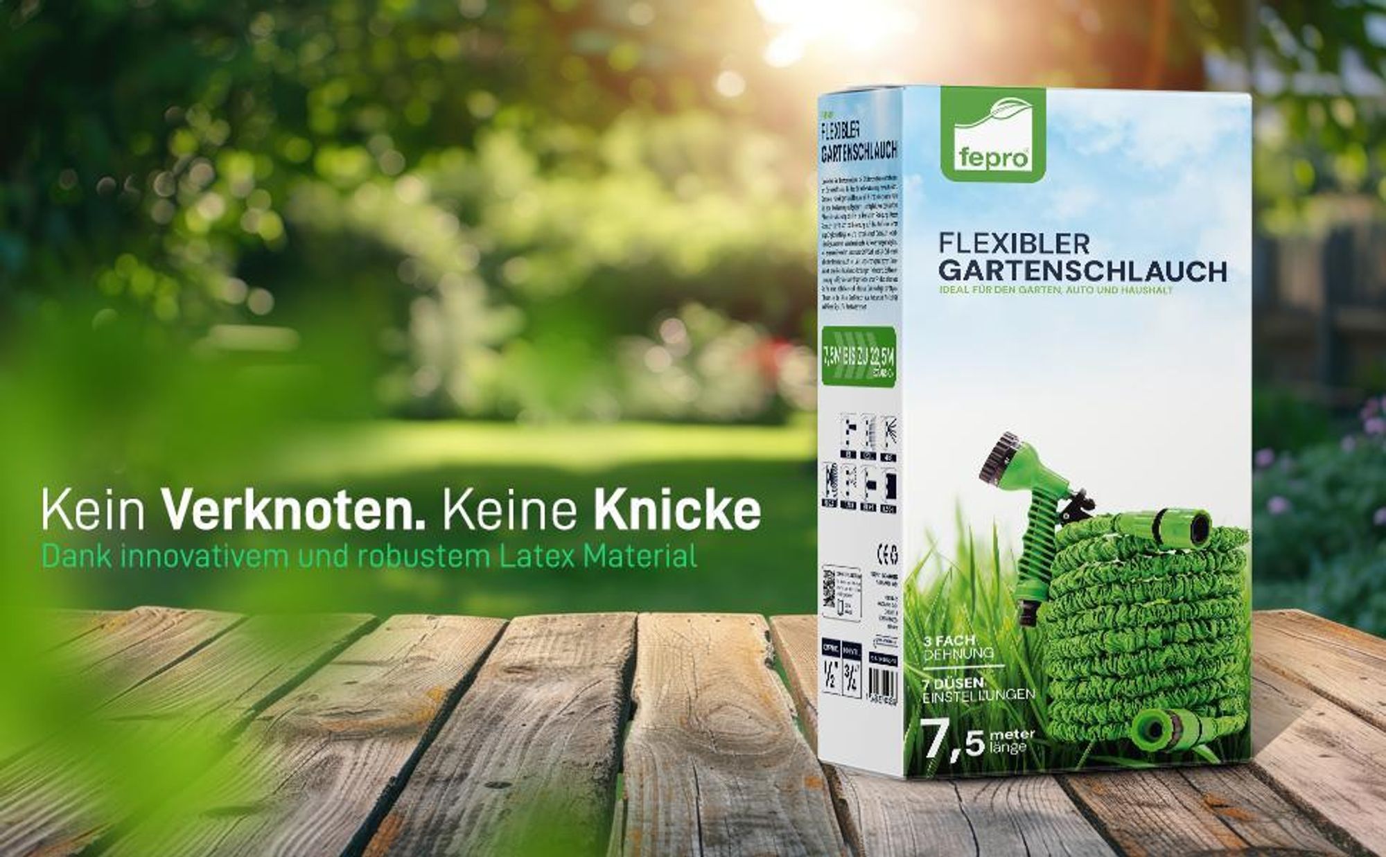 Fepro® Flexibler Gartenschlauch mit 7 Funktion 7,5m basic, Wasserschlauch flexibel mit 3-Fach Latexkern inkl. Adapter für 1/2' 3/4' Zoll und Wandhalterung, dehnbarer flexiSchlauch