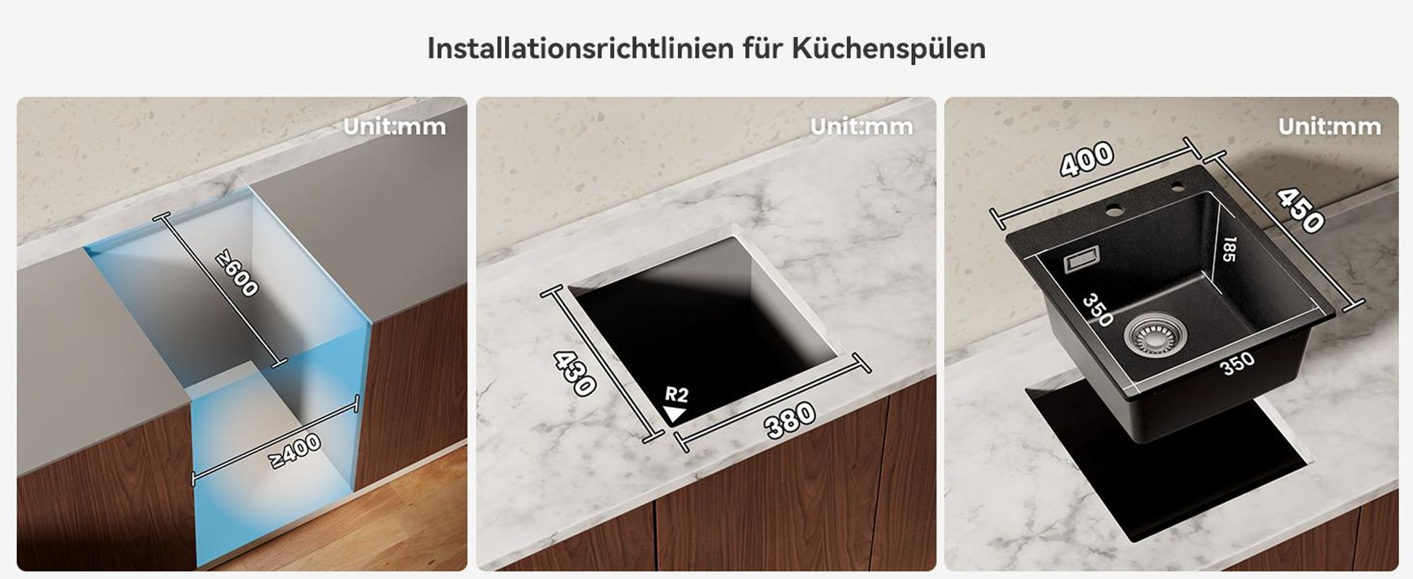 Granitspüle mit Siphon 40 x 45 cm, pflegeleichte & kratzfest Küchenspüle, Hitzebeständig Einbauspüle Schwarz, Cecipa MAX Spülebecken für Küche