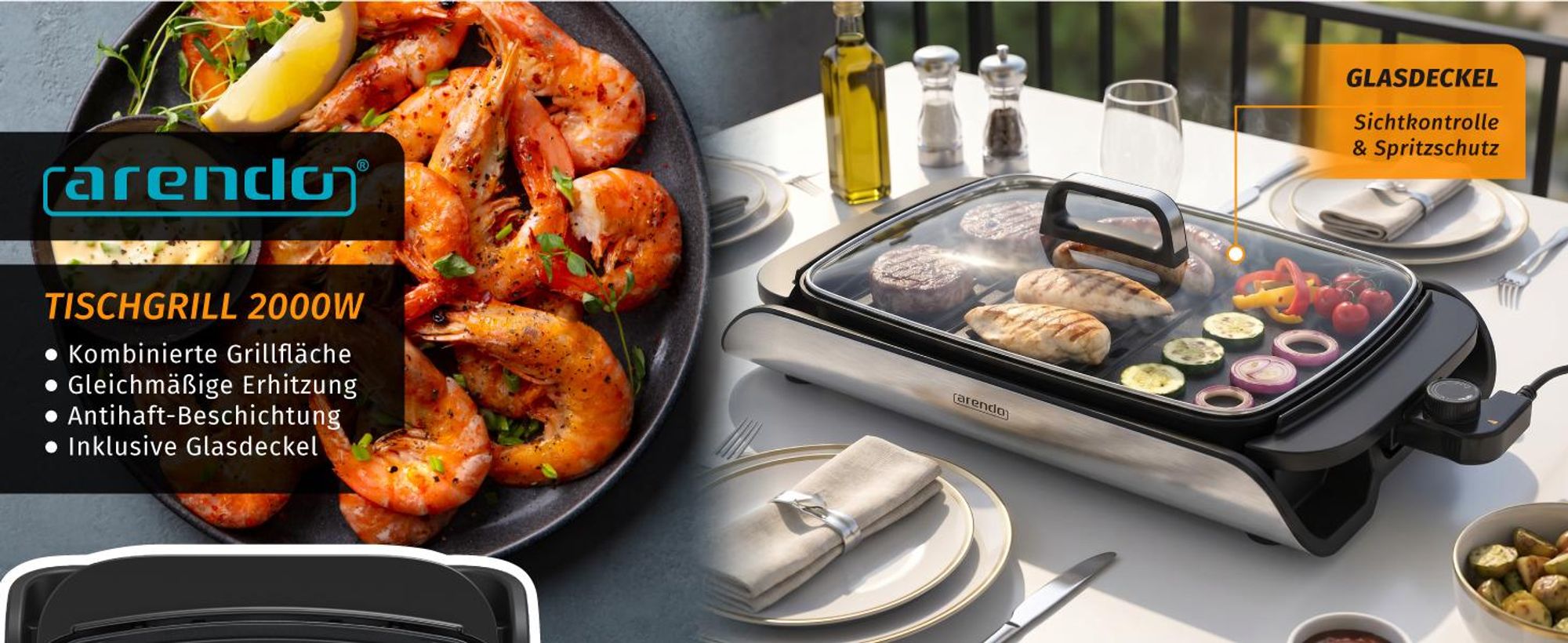 Arendo Tischgrill 2000 W mit Glasdeckel, Übersicht