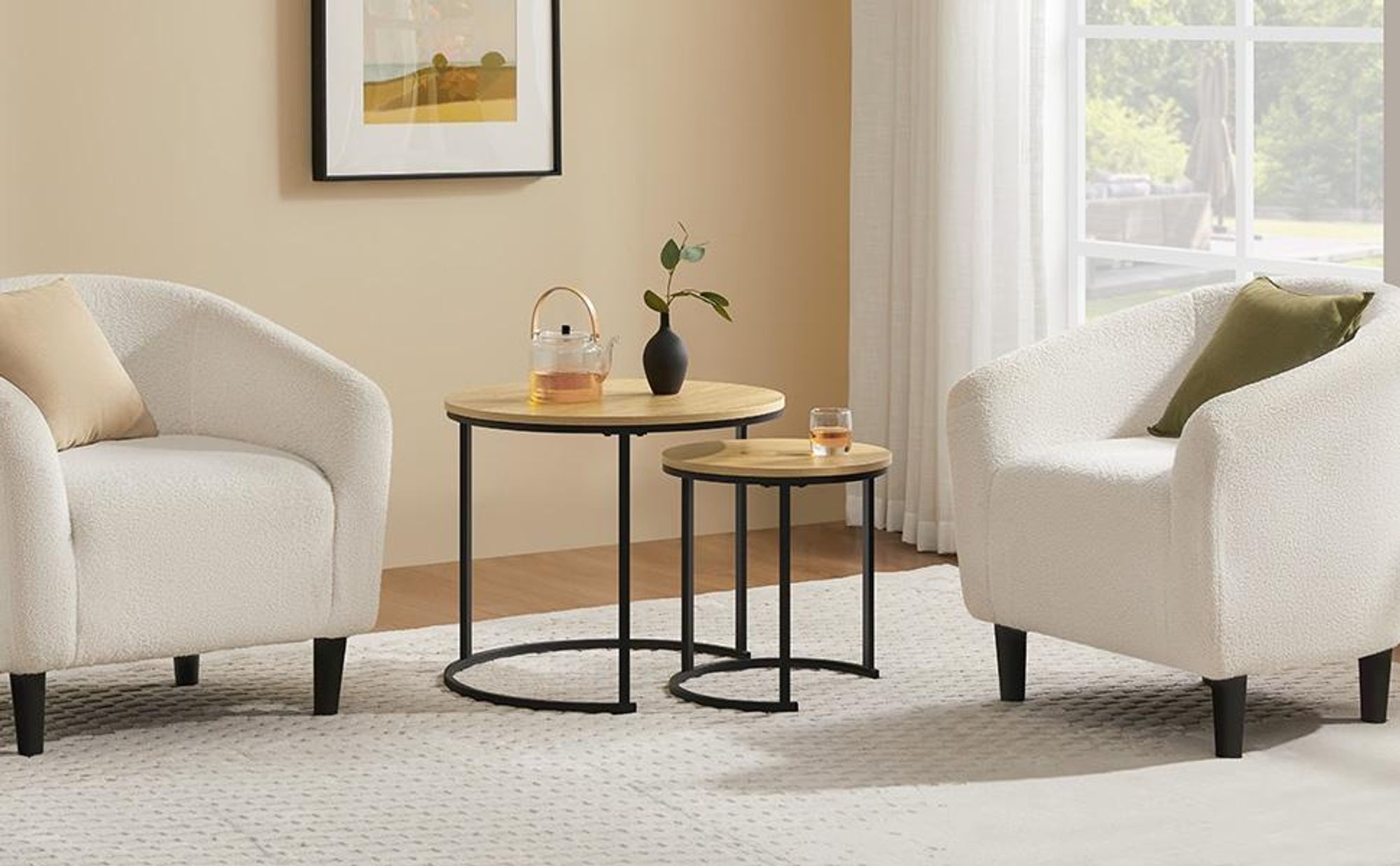 Yaheetech Couchtisch 2er Set, runder Beistelltisch Set, Sofatisch mit Metallgestell, Satztische für Wohnzimmer Schlafzimmer, Eiche