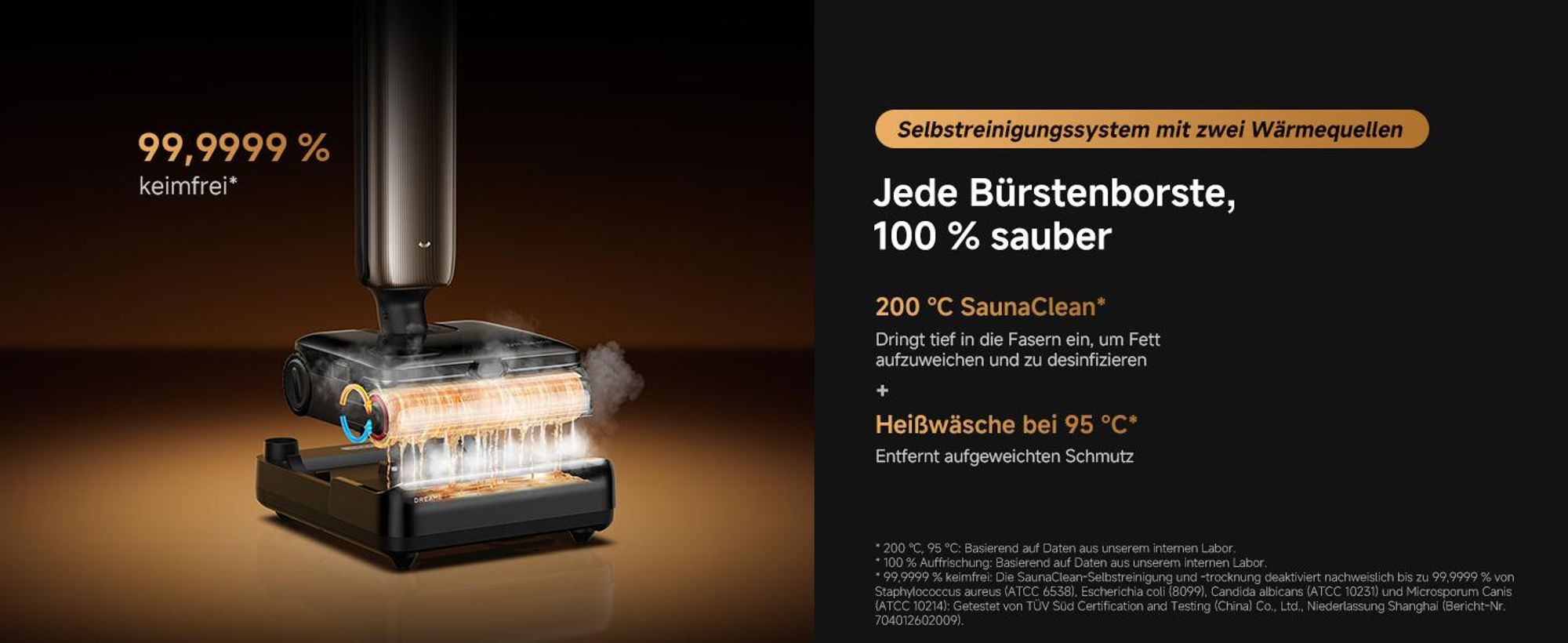Dreame T16 Pro Steam Nass-und Trockensauger,30kPa Saugleistung Akku-Staubsauger,9,85cm ultraschlank,200℃ Dampf,90℃ Heißwasser,Selbstreinigend,LED,Gold
