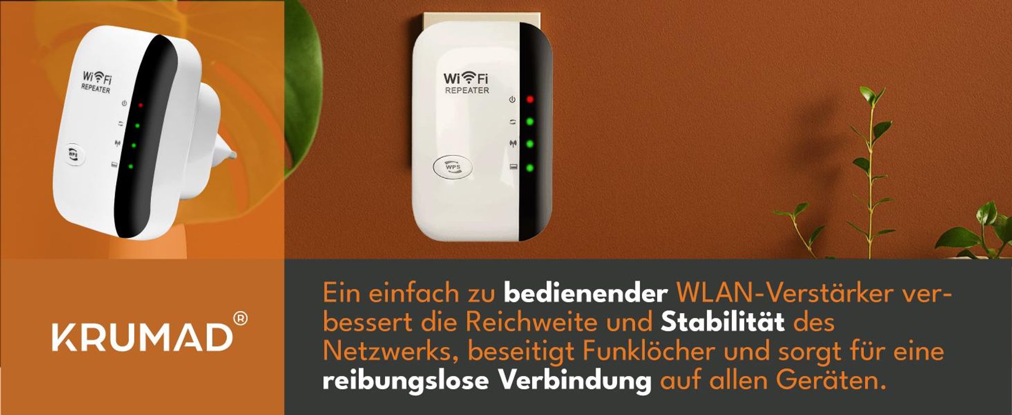 KRUMAD WLAN Repeater Steckdose 2.4 GHz – WiFi Verstärker mit WPS & LAN Port – Kompakter WLAN Extender für Haus & Wohnung, idealer Signalverstärker