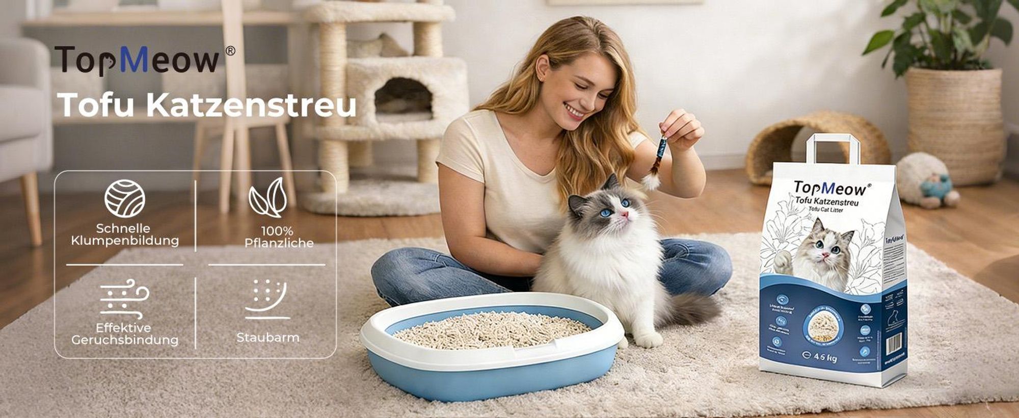 TOPMEOW Tofu Katzenstreu 4 x 10 Liter – 100% pflanzlich, extrem saugstark, 3S schnell klumpend, sanft zu Katzenpfoten & leicht zu reinigen