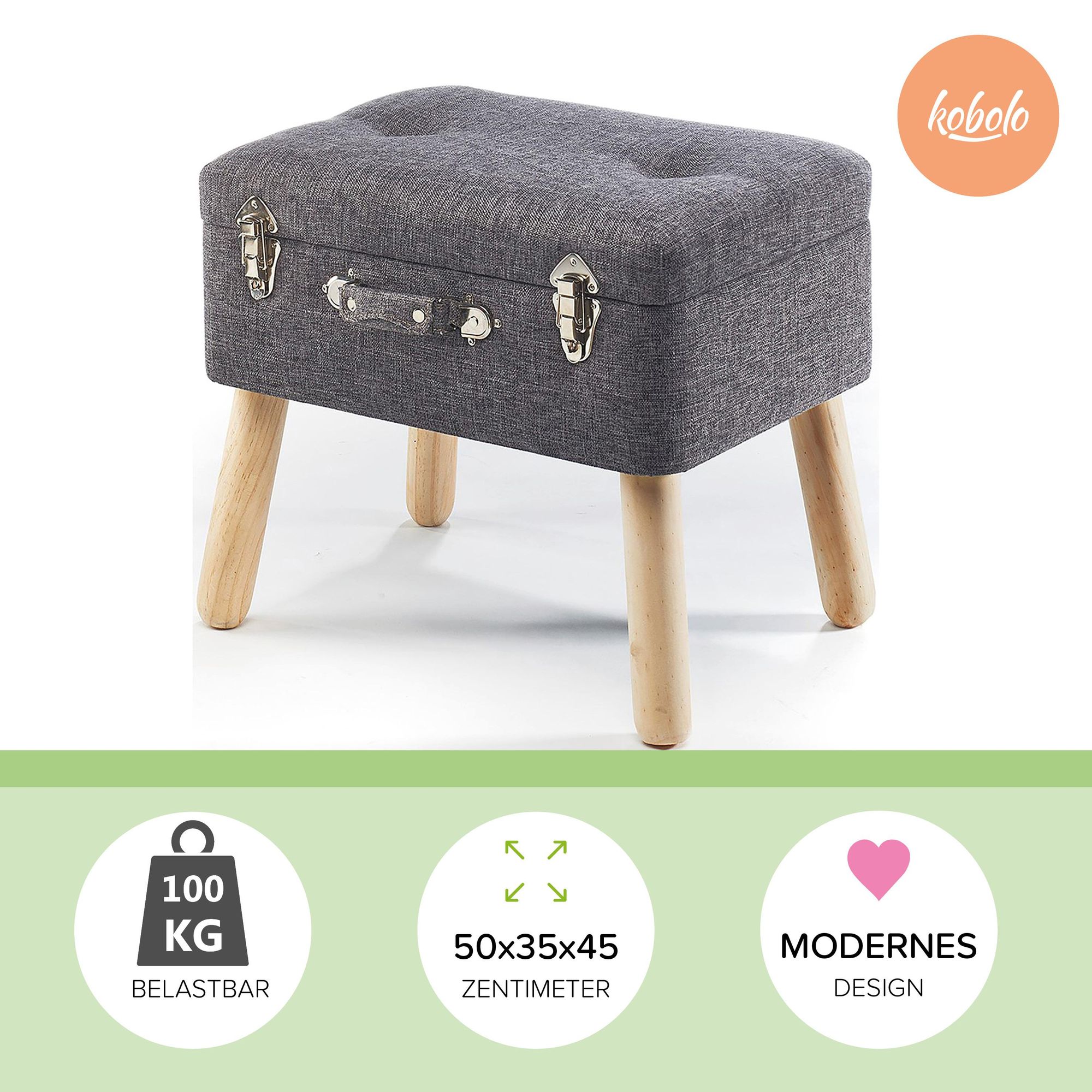 Hocker in Kofferoptik, Holzbeine zwei Schnallen bis zu 100 kg belastbar 50x35x45 cm