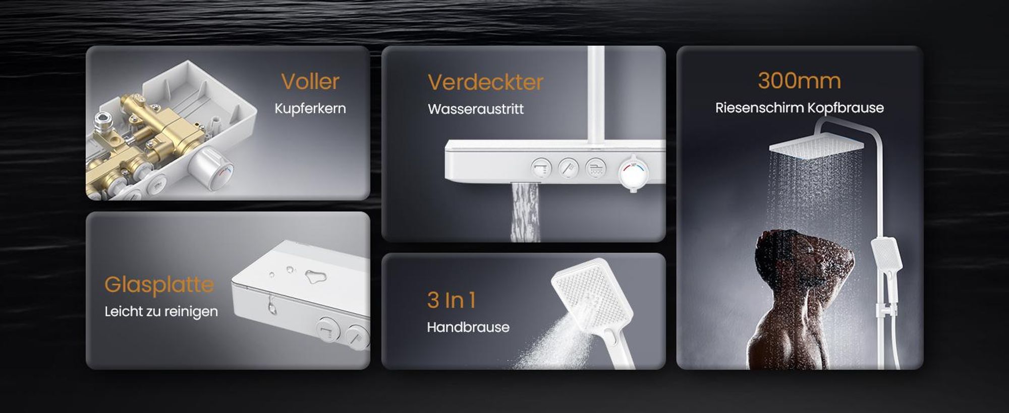 EMKE Duschsystem mit Thermostat Glasablage Handbrause 3 Strahlarten Regendusche, Bad- & Duscharmaturen, Regendusch, KTW-, Weiß - F09