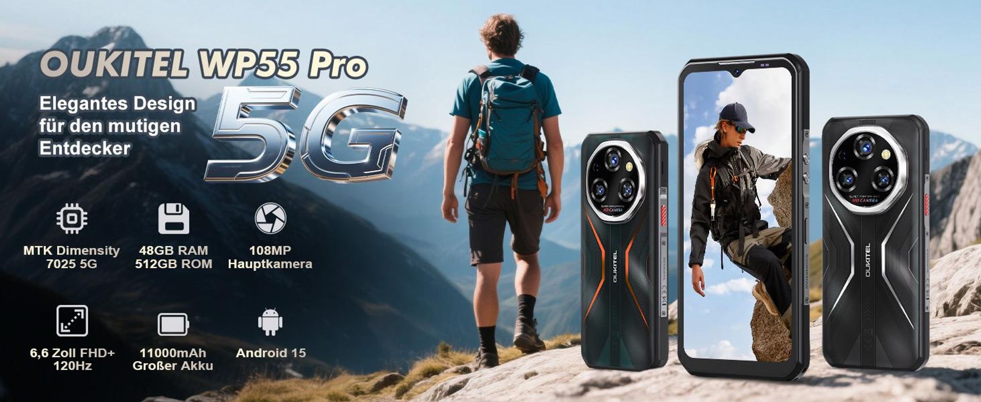 OUKITEL WP55 Pro 5G Android 15 Outdoor Handy 48GB+512GB/2TB 108MP+32MP 11000mAh/33W 6,6" FHD+ 120Hz Outdoor Smartphone IP68/NFC/OTG/GPS, Schwarz