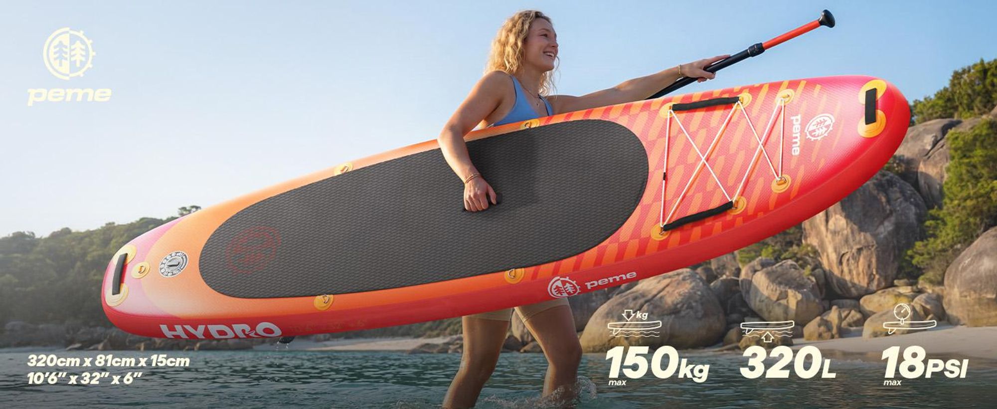 PEME Stand Up Paddle Board - Sunset Orange - 320 cm - Dopple Paddel und komplette Zubehöre, SUP, Surfboard aufblasbar, bis 150Kg,- Rot &Orange