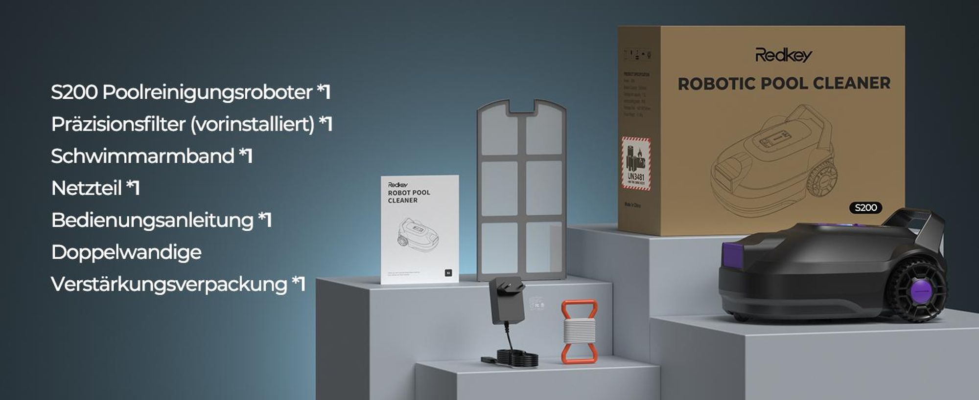 Kabelloser Poolroboter Redkey S200–Doppelmotor, 180 Minuten Akkulaufzeit, starke Saugleistung, Doppelfilter, Reichweite bis 3M