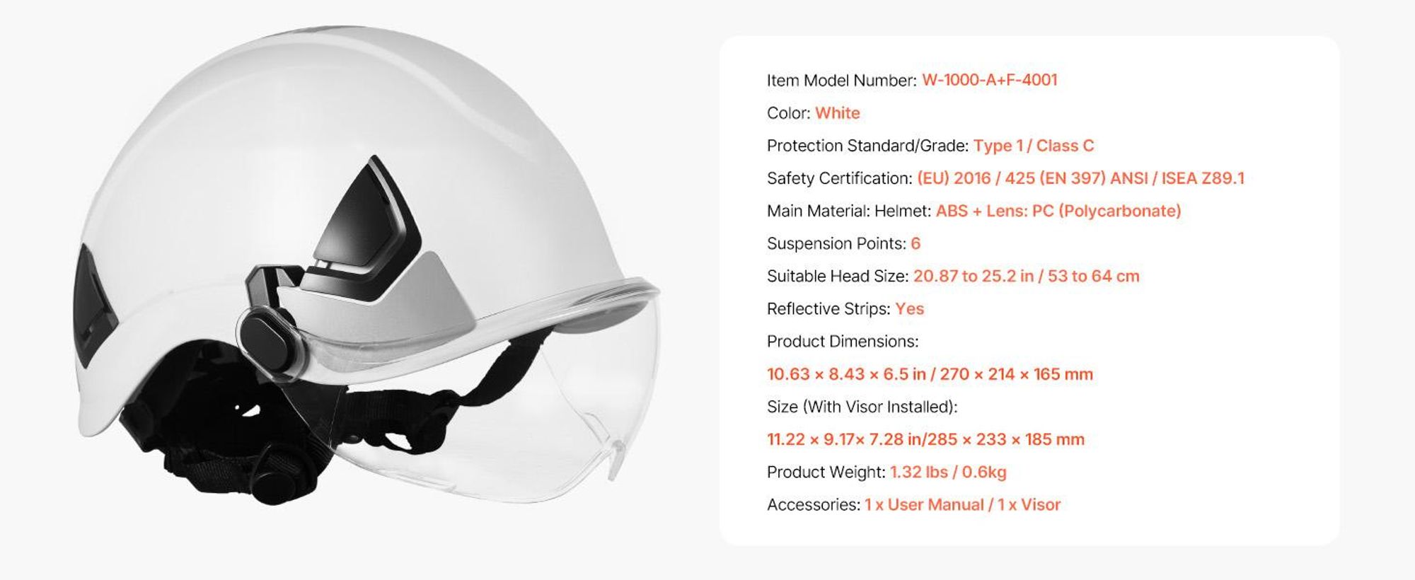 VEVOR Industrieschutzhelm, ANSI/ISEA Z89.1 genehmigter ABS-Harthelm mit Visier und Ohrenschützern, 6-Punkt-Ratschenaufhängung, verstellbarer belüfteter Harthelm für Männer und Frauen, für Outdoor-Bauarbeitskleidung, Mit Brille-a, Ohne Ohrstöpsel