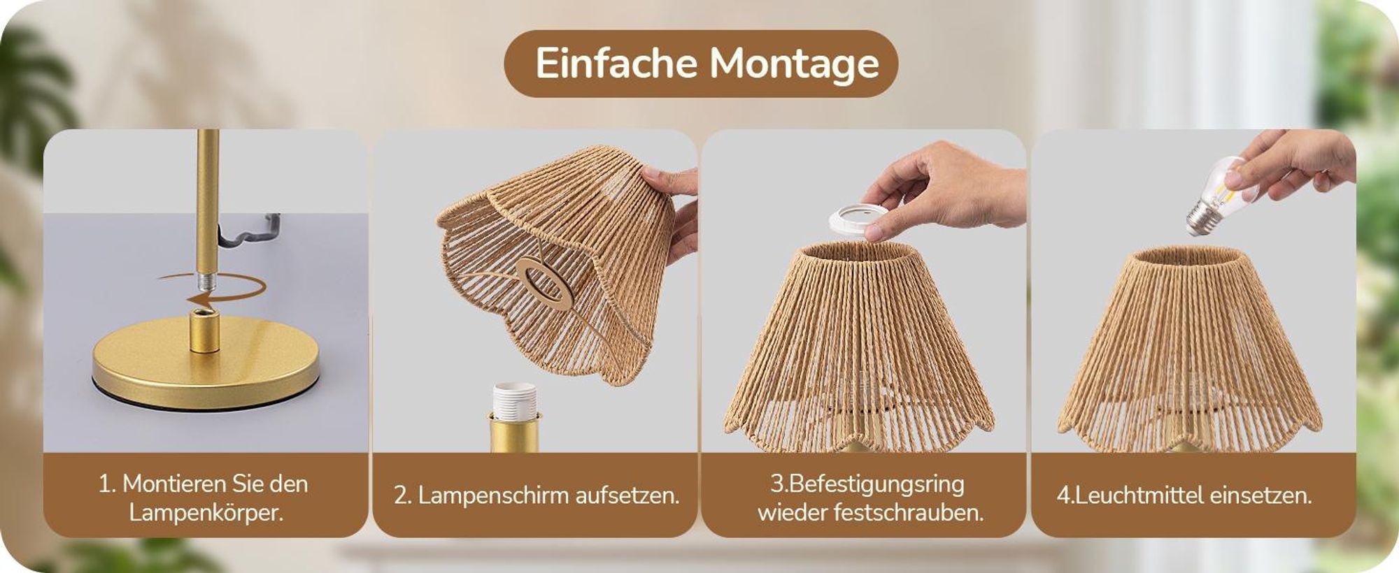 Nachttischlampe EDISHINE Nachttischlampe mit handgeflochtenem Papierseil-Schirm LED wechselbar, Warmweiß, Gold Inklusive 4W LED, 2700K Warmweiß