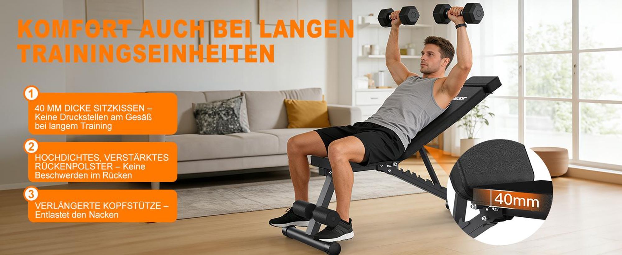 VOWVIT Hantelbank 10 Lehnpositionen (90°–205°), klappbar, mit verlängerter Kopfstütze